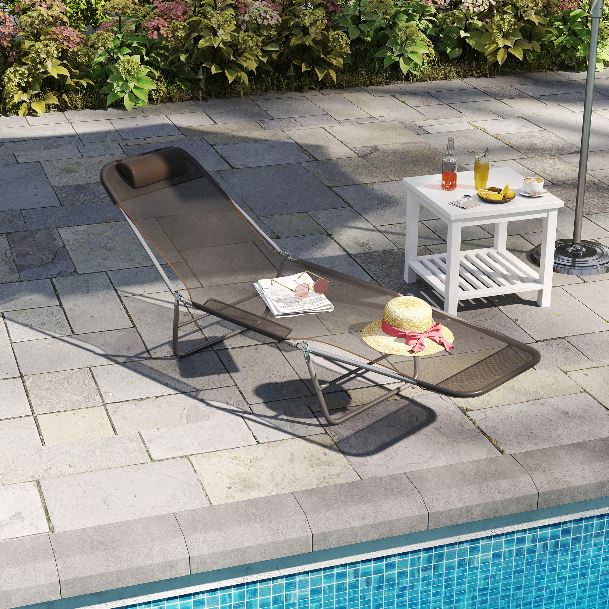 Outdoor Lounge Chair, Portable Adjustable Reclining Seat Folding Chaise Lounge Patio Camping Beach Tanning Chair Bed with Pillow, Brown - Image 5