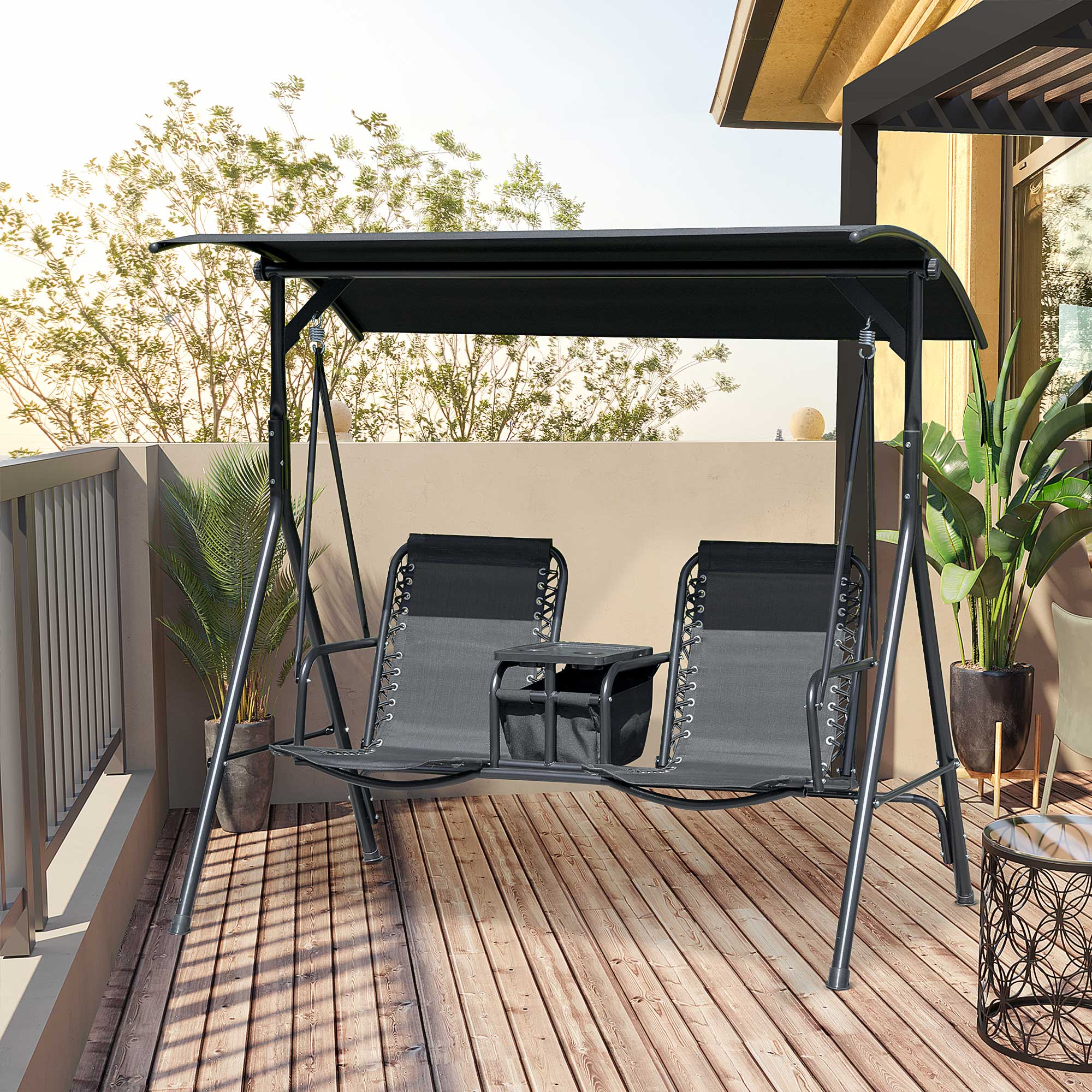 2 Person Covered Porch Swing Patio Swing with Pivot Storage Table, Cup Holder, & Adjustable Overhead Canopy, Black - Image 6