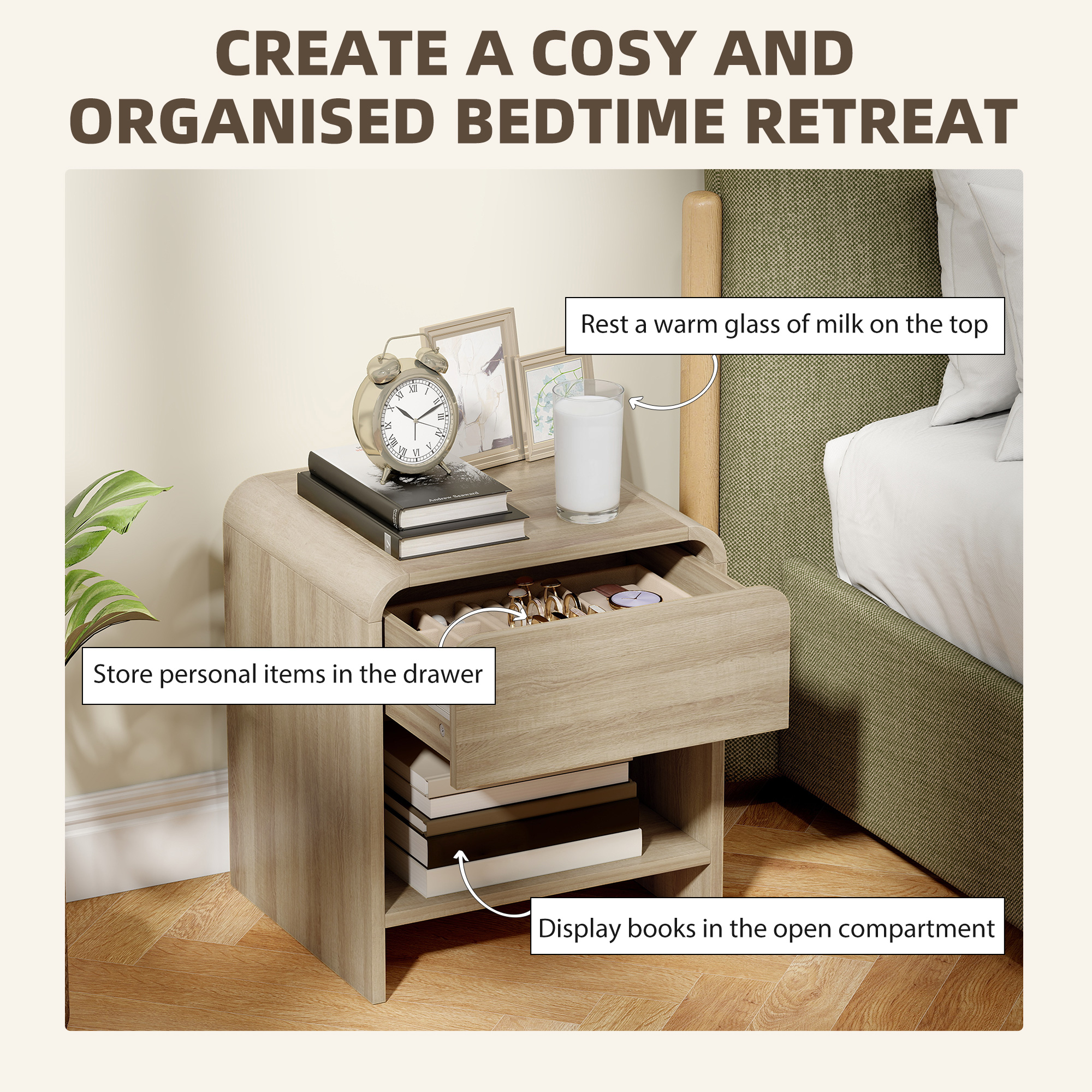 Nightstand Set of 2, Modern Bedside Table with Rounded Corners, Nightstand with Drawer and Open Shelf, Natural Wood - Image 3