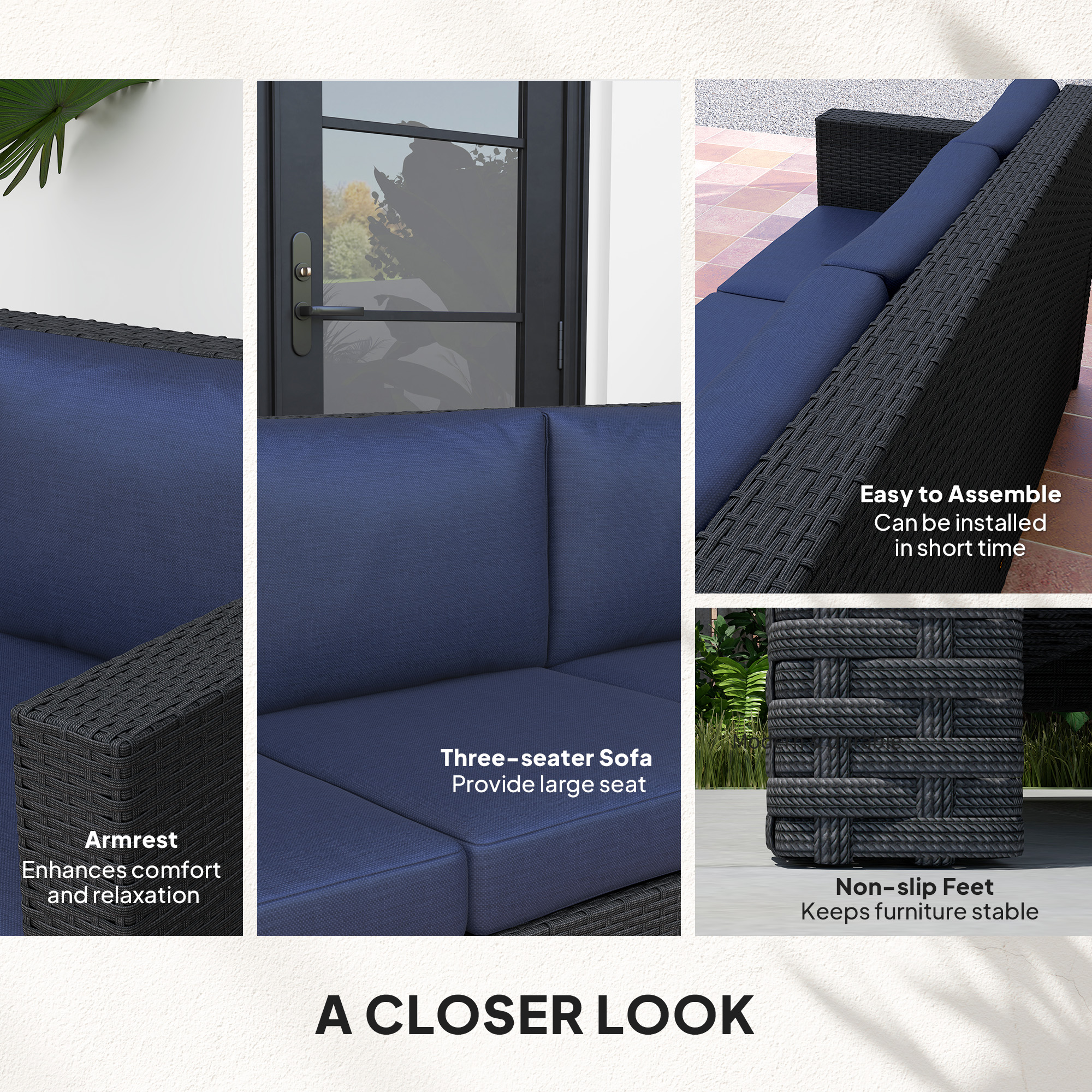 Deluxe 3 Seat Rattan Wicker Sofa Garden Outdoor Patio Furniture with Cushion, Navy Blue - Image 4