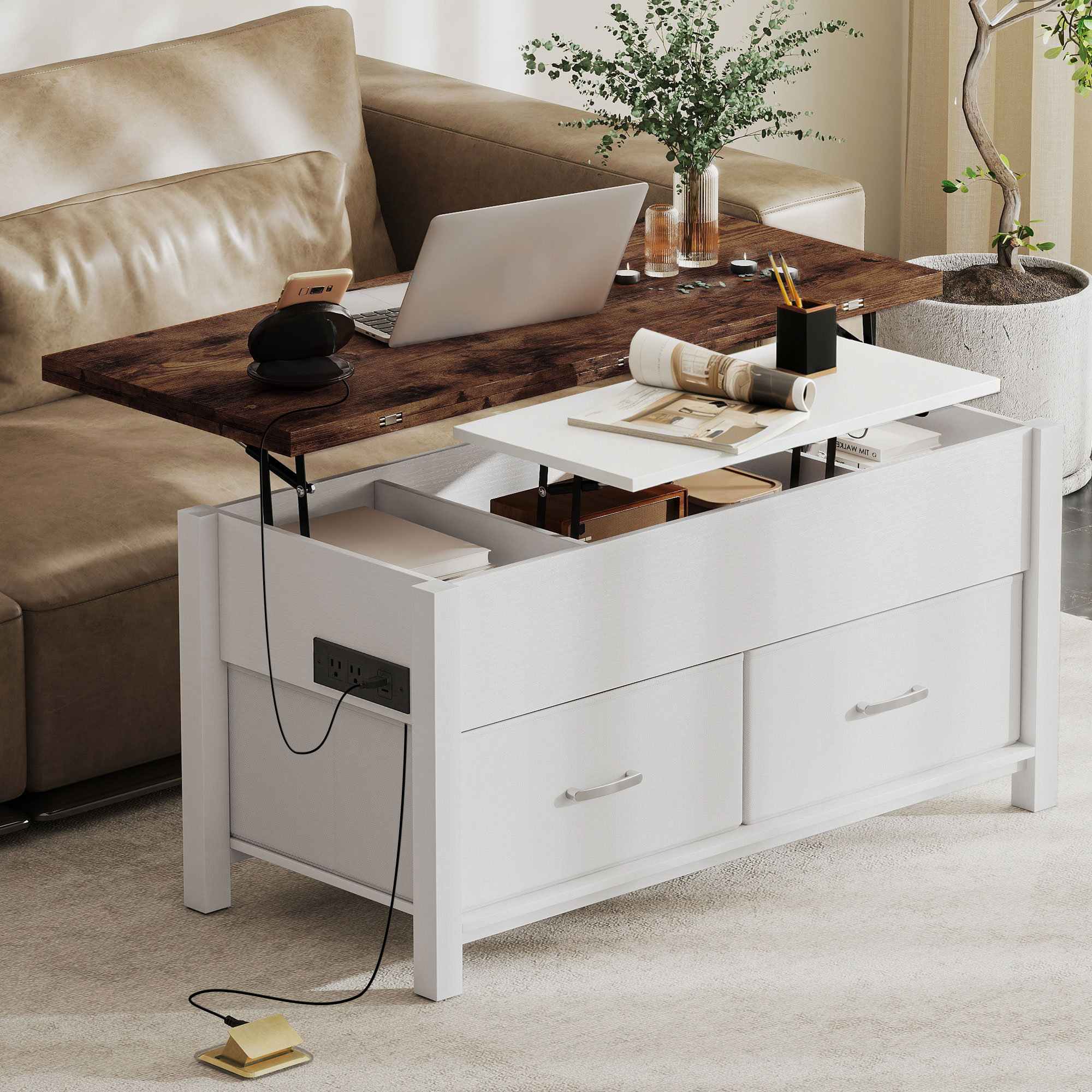 Lift Top Coffee Table, Center Table with 3 Hidden Compartments, 2 Fabric Drawers, Expandable Top and Charging Station - Image 6