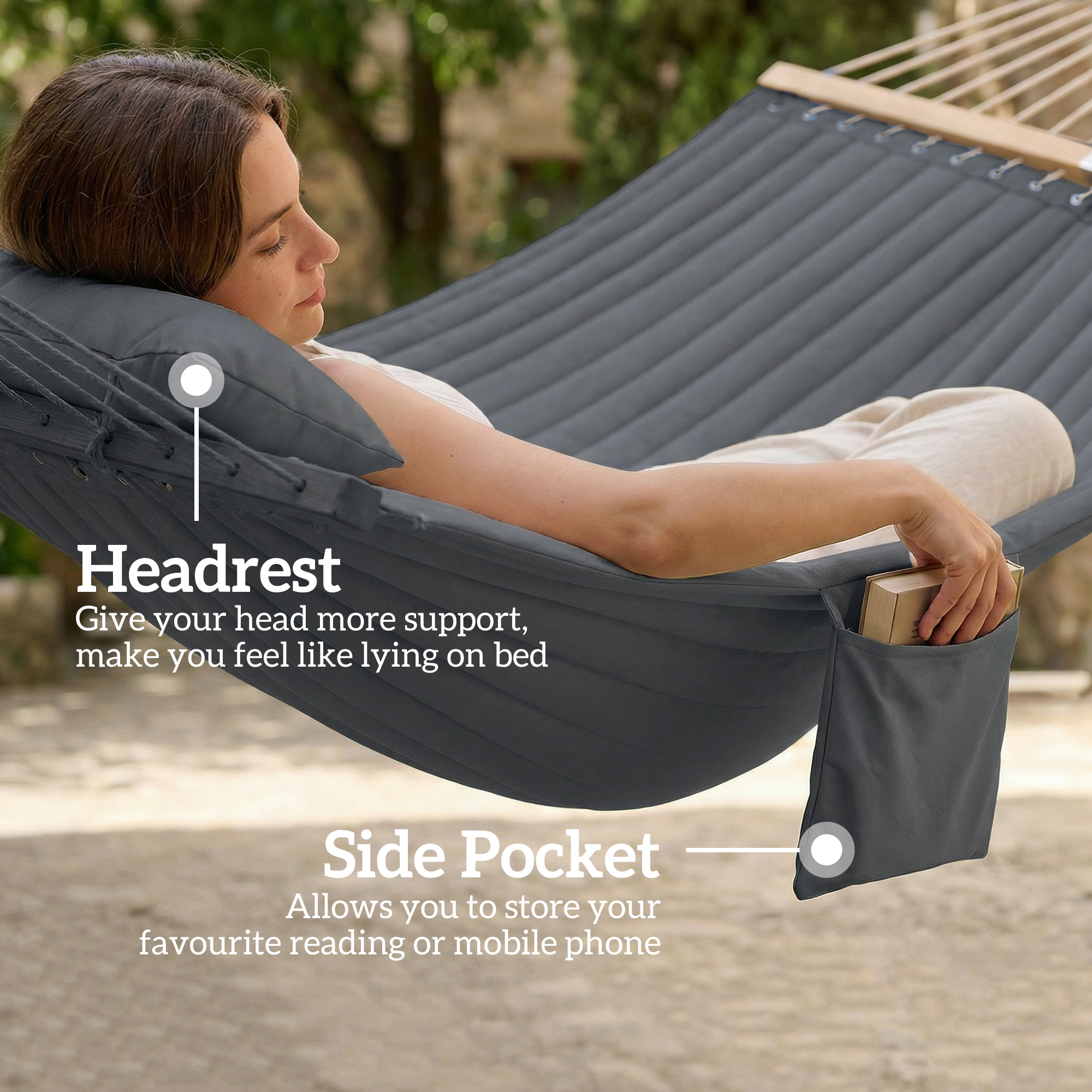 Outdoor Hammock Padded Camping Hammock with Pillow & Spreader Bars 200 x 140 cm Grey - Image 5
