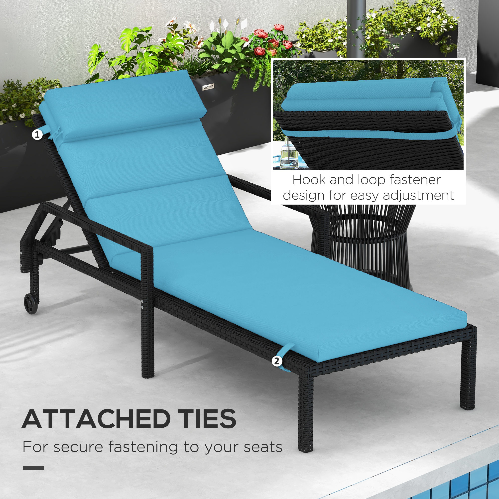 Patio Chaise Lounge Chair Cushions Replacement Sun Lounger Pads with Headrest and Ties, Set of 2, Turquoise - Image 4