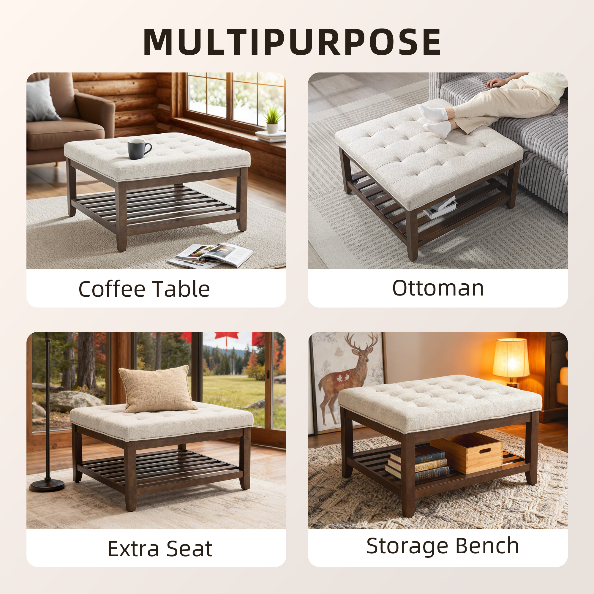 Ottoman Coffee Table, 32 Inch Square Footrest Ottoman with Storage, Linen Upholstered Tufted Footstool, Beige - Image 3
