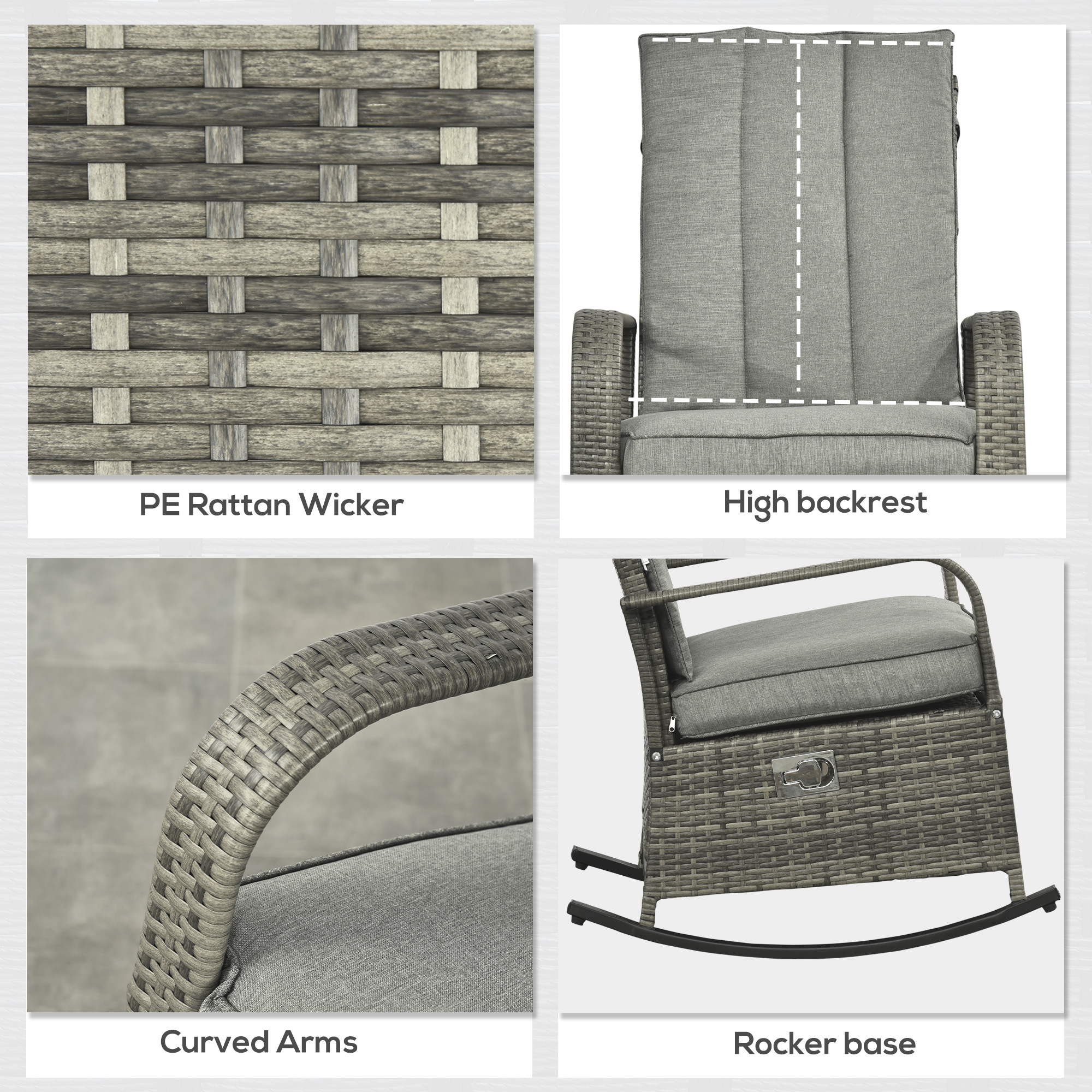 Outdoor Wicker Rocking Chair with Cushion, Patio PE Rattan Recliner Chair with Adjustable Footrest, Armrests, Mixed Grey - Image 5