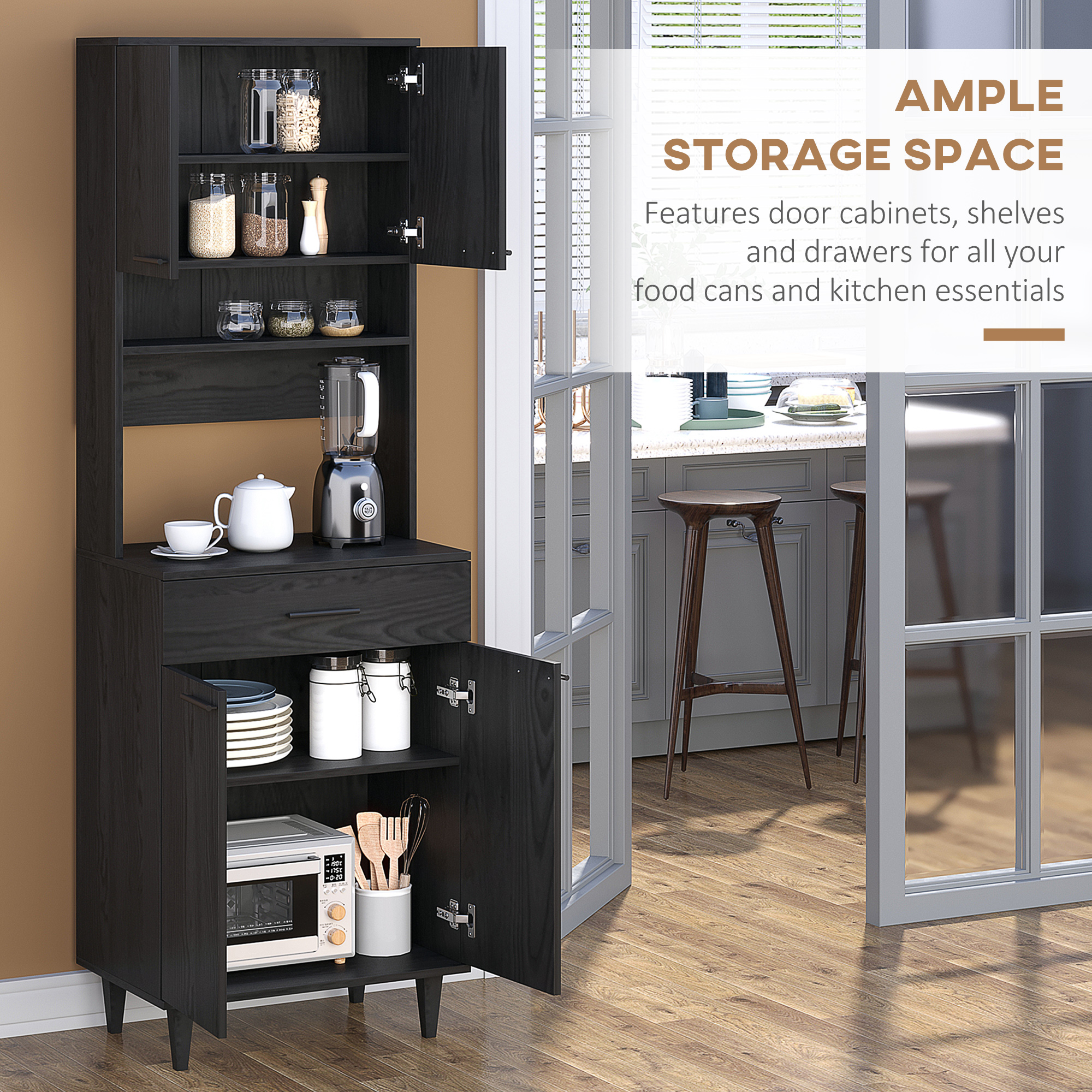 Modern Kitchen Buffet with Hutch Wooden Storage Cupboard with Microwave Counter 2 Cabinet and Drawer for Dining Room Living Room Black - Image 2