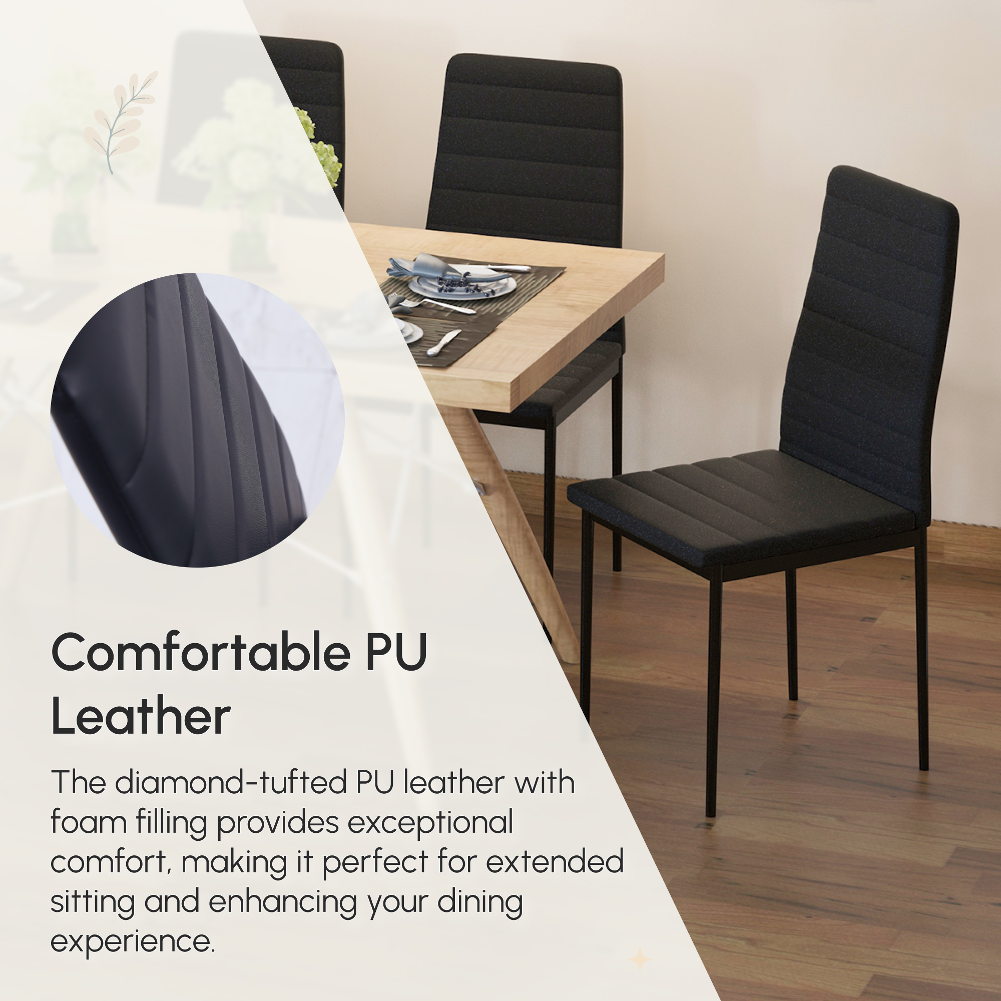 High Back Dining Chairs, Modern Upholstered PU Leather Accent Chairs with Metal Legs for Kitchen, Set of 4, Black - Image 2