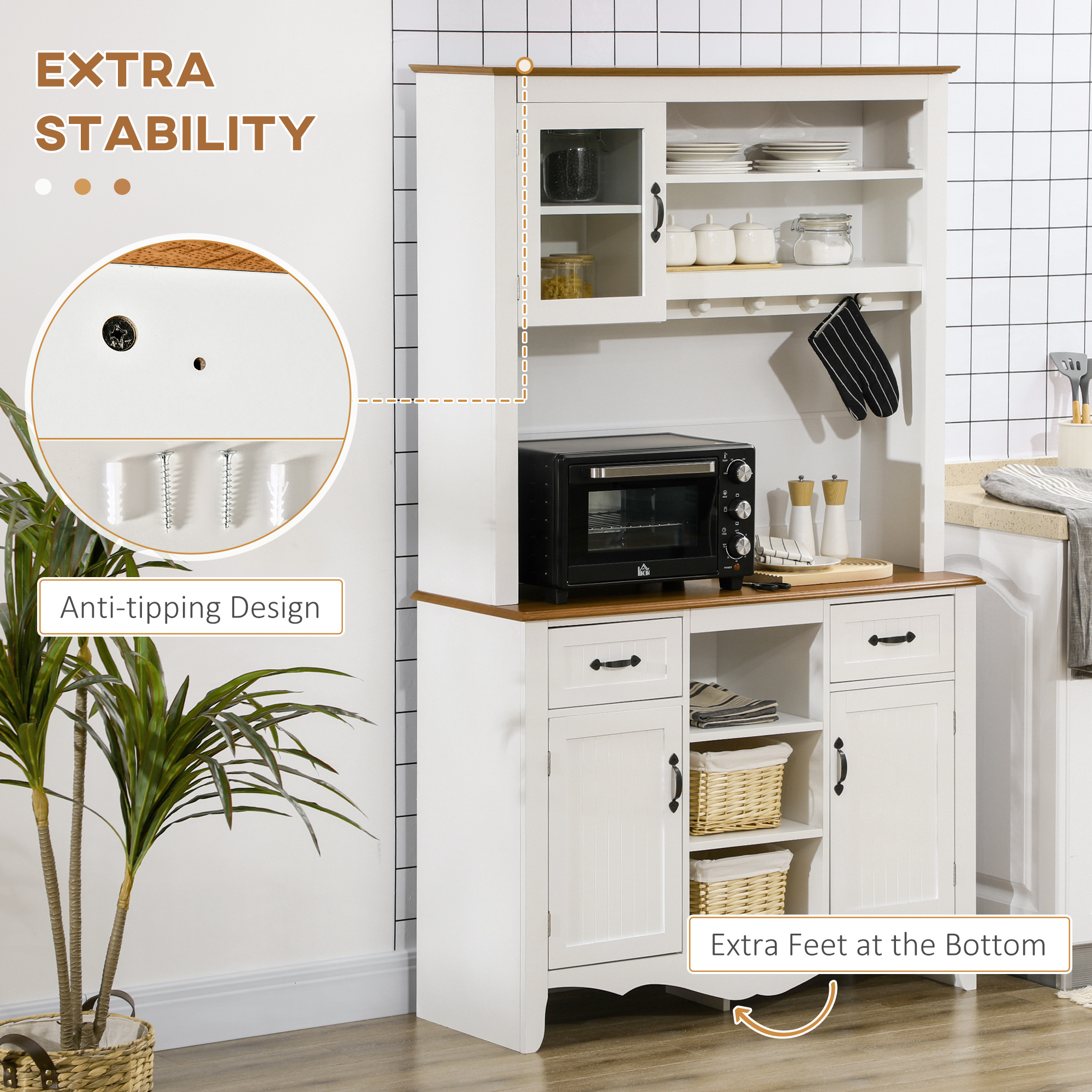 71" Kitchen Buffet with Hutch, Farmhouse Style Storage Cupboard with Utility Drawer, 3 Door Cabinets and 5-tier Shelves, White - Image 5