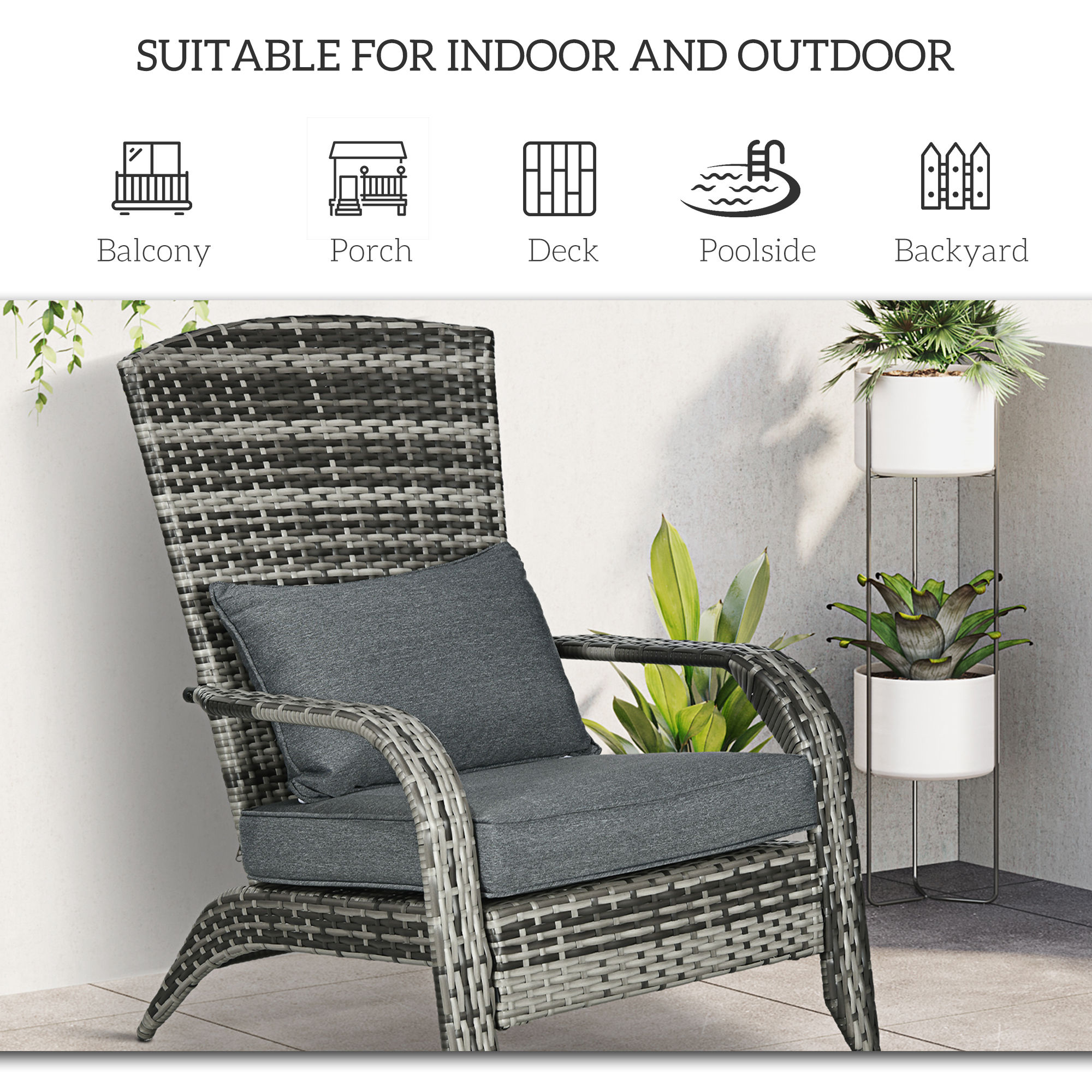 Patio Wicker Adirondack Chair, Outdoor PE Rattan Fire Pit Chair, Muskoka Chair w/ Soft Cushions, Tall Curved Backrest and Comfortable Armrests for Deck Garden, Grey - Image 5
