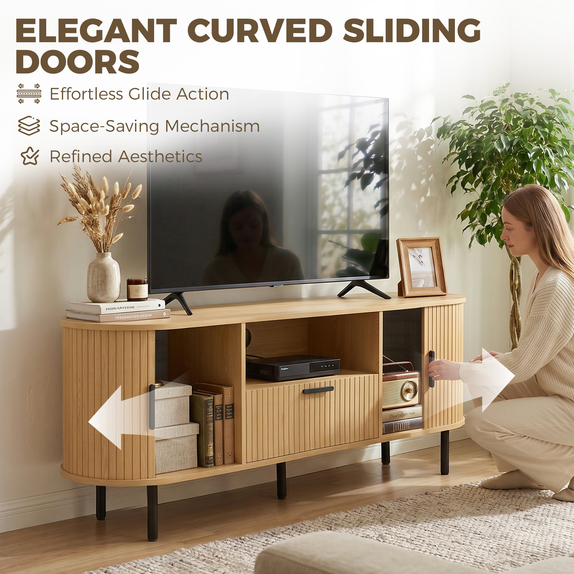 TV Stand for TVs up to 60", Modern Entertainment Center with Curved Sliding Doors and Storage, Natural Wood - Image 2