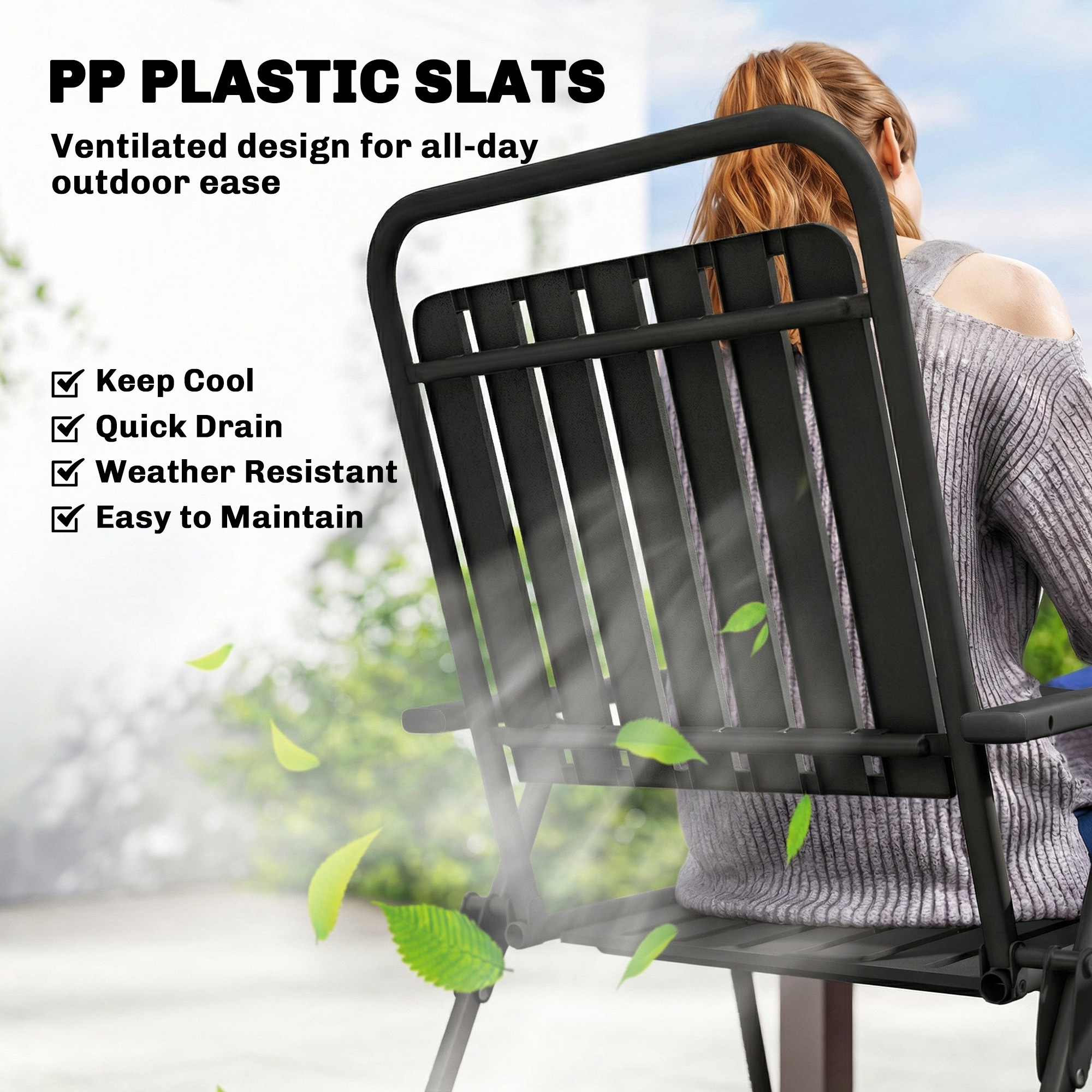 Folding Garden Chairs, Garden Dining Chairs with Plastic Slatted Seat Back, Armrests, Steel Frame, Set of 4, Black - Image 3
