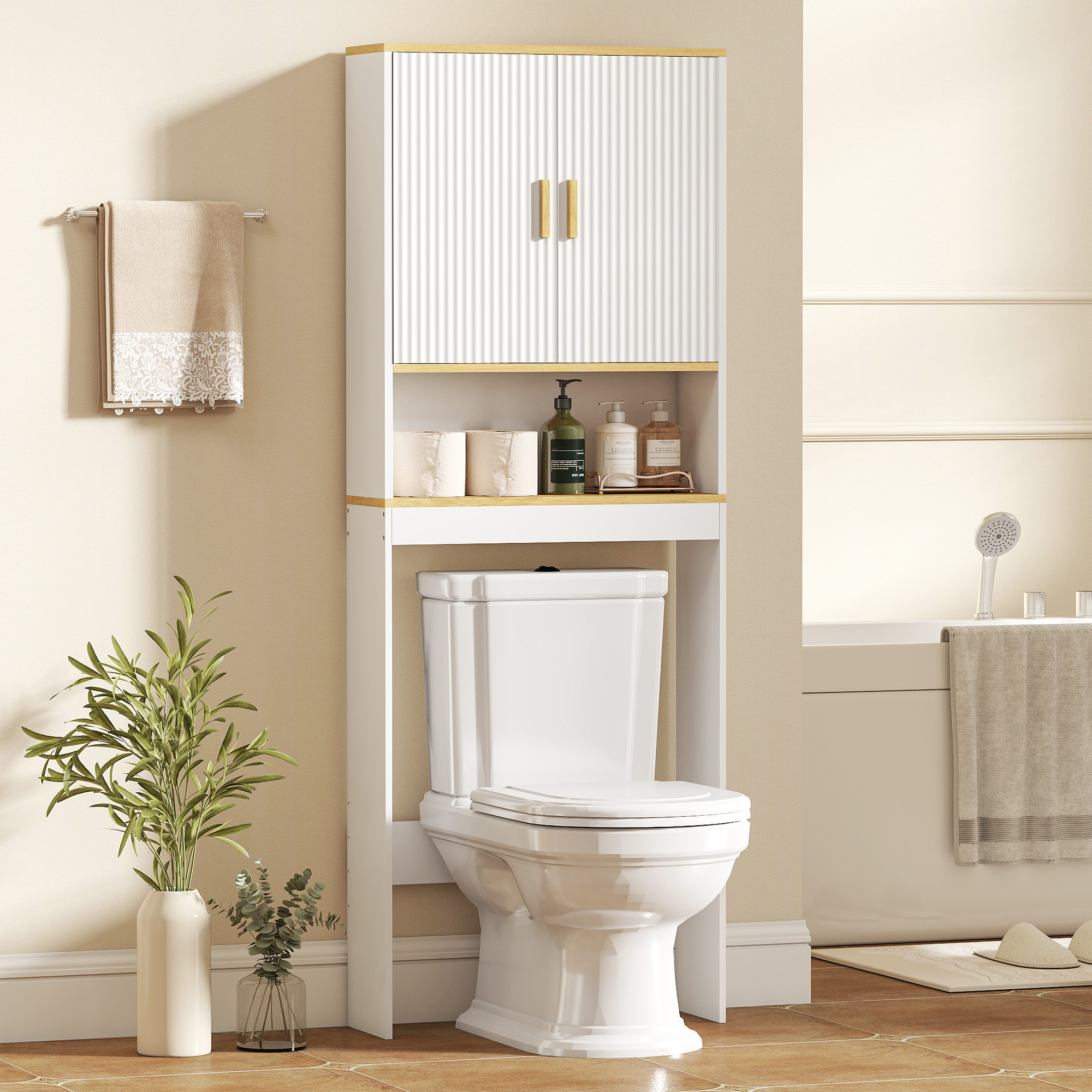 Over the Toilet Storage Shelf Adjustable Shelf Over the Toilet Storage Cabinet for Bathroom White and Oak - Image 6