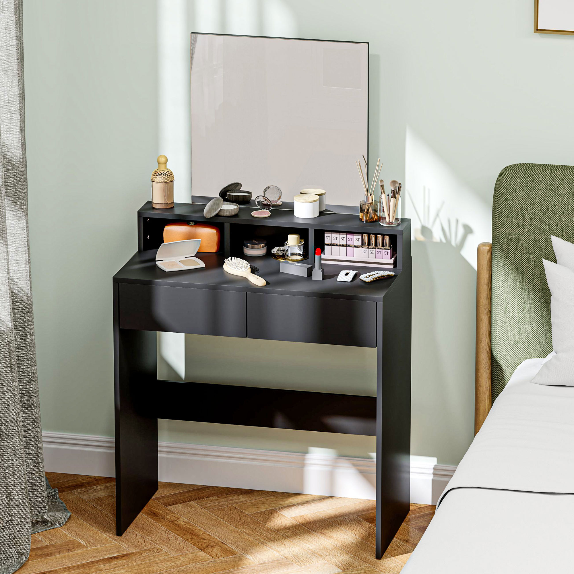Makeup Vanity Desk with Mirror, for Bedroom, Modern Dressing Table with Drawers, Compartments, Black - Image 6