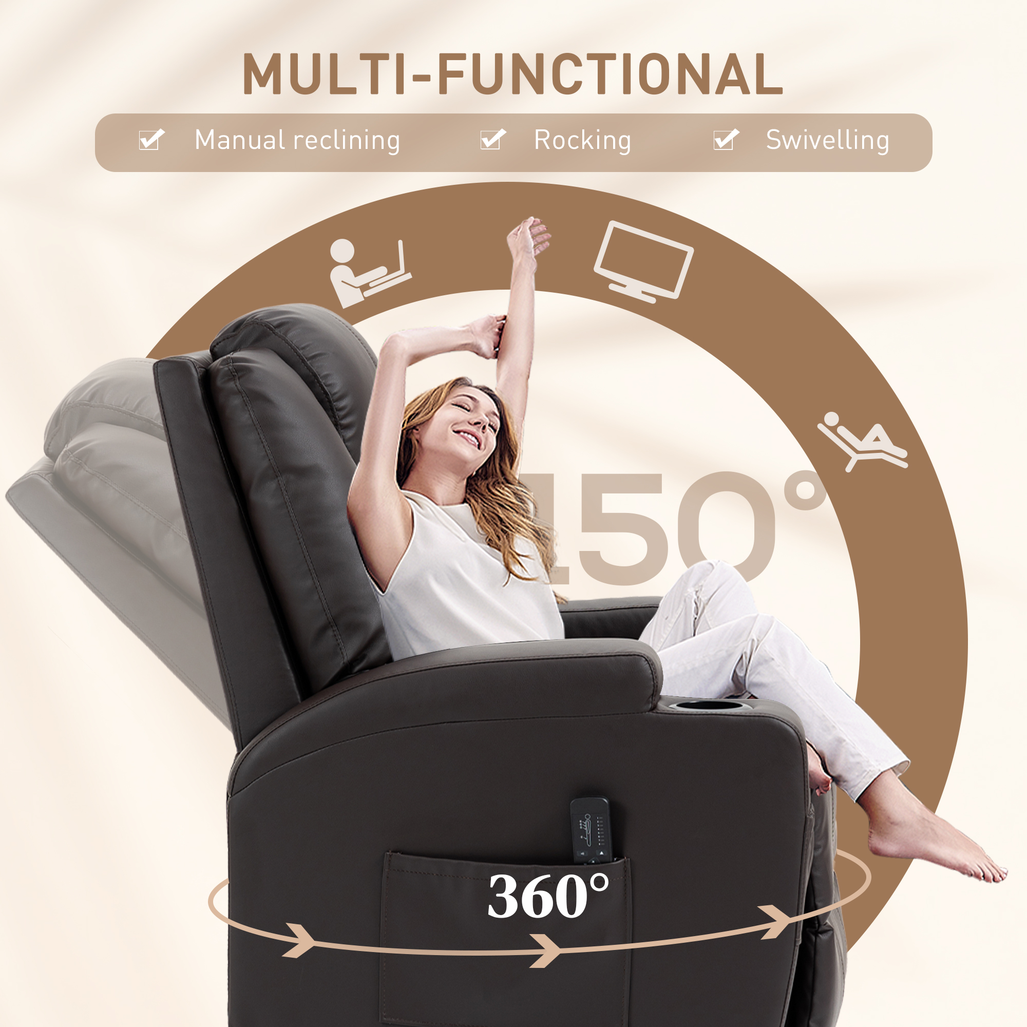 Massage Recliner Chair, Swivel Nursery Rocker Chair, Manual Reclining Sofa with 8 Vibration Points, PU Leather, Cup Holders, Side Pockets, for Living Room, Brown - Image 3
