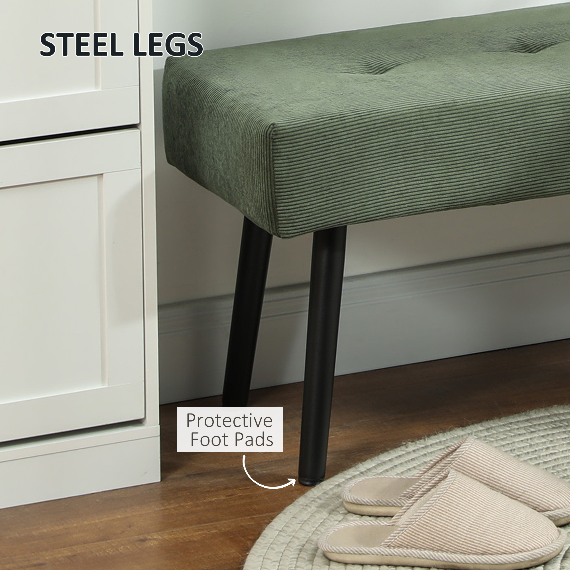 39" Upholstered Ottoman Bench, Corduroy Entryway Bedroom Bench with Padded Seat and Steel Legs for Bedroom, Green - Image 3
