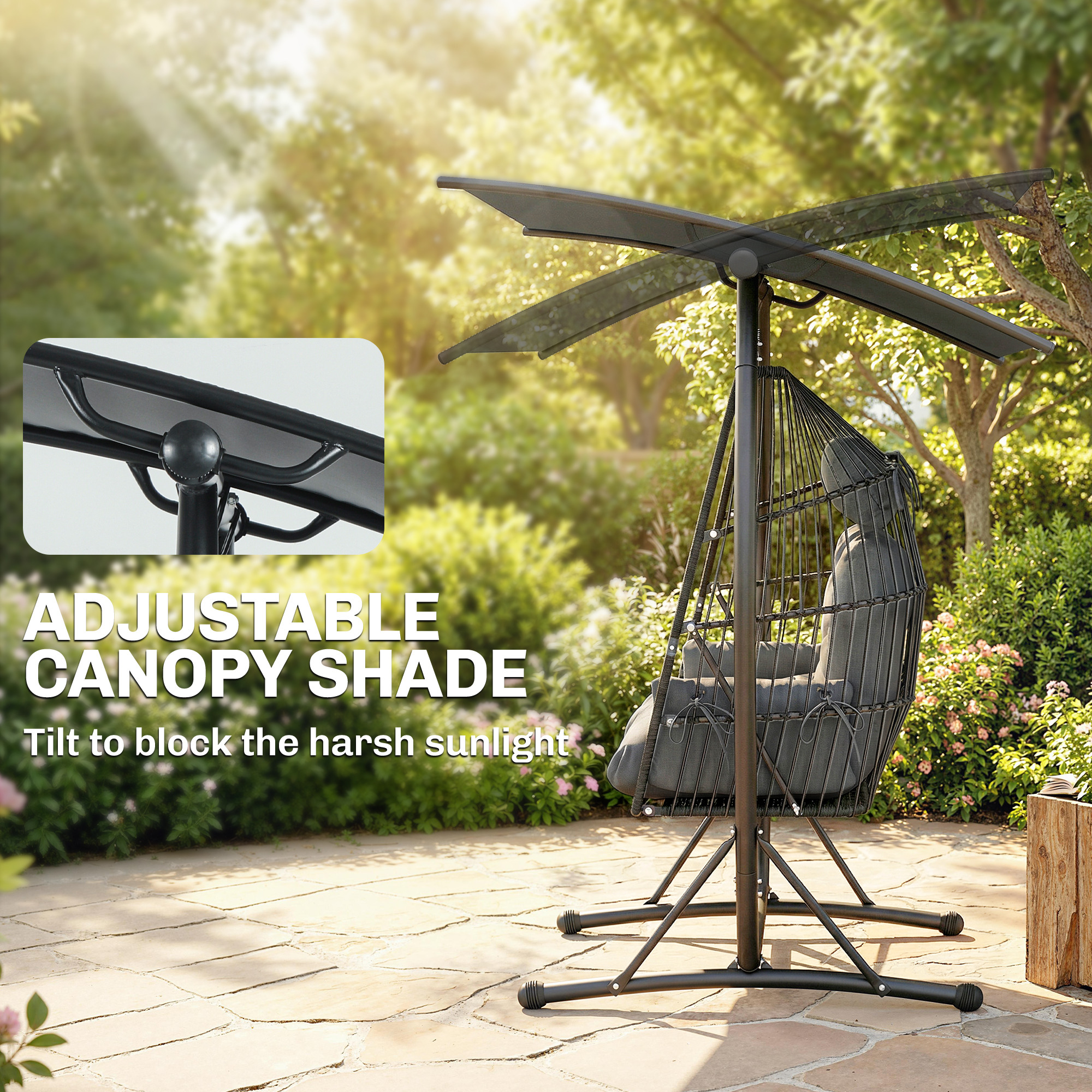Hanging Double Egg Chair Outdoor Egg Swing Chair with Canopy, Cushion, Stand, Dark Grey - Image 2