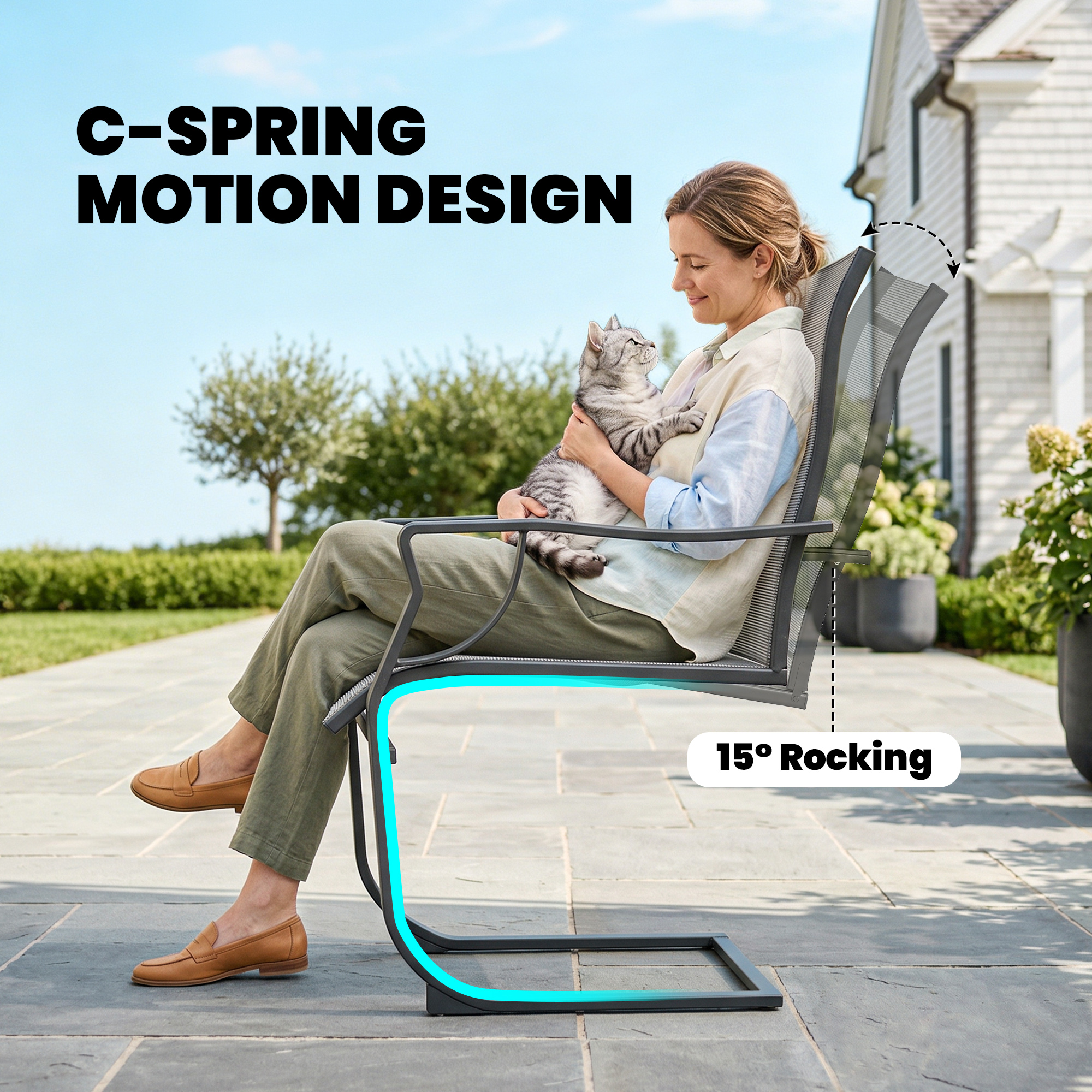 C Spring Motion Patio Chairs Set of 2 with Curved High Backrest, Armrest, All Weather Breathable Fabric, Metal Frame - Image 2