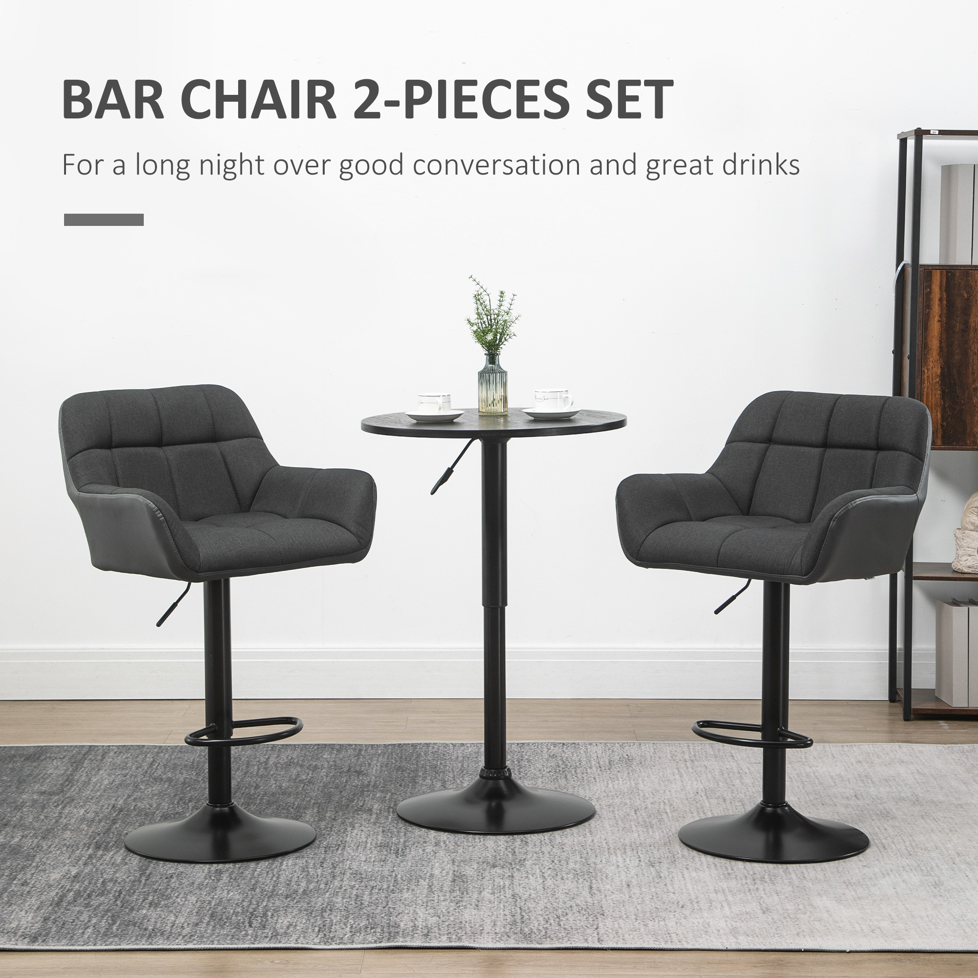 Swivel Barstools Set of 2 Adjustable Bar Stools with Footrest Armrests and PU Leather Back for Dining Room Black, Grey - Image 2