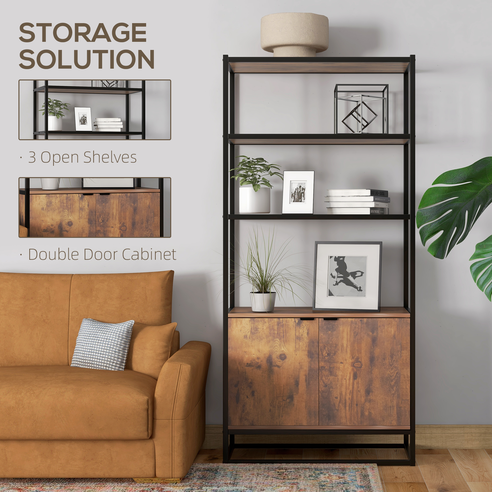 Storage Cabinet with 3 Open Shelves Cupboard Freestanding Tall Organizer Multifunctional Rack for Livingroom Bedroom Kitchen Rustic Brown - Image 3