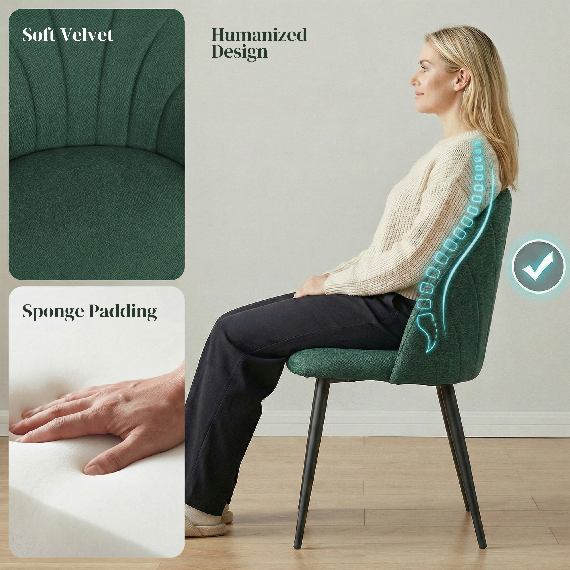 Modern Dining Chairs Set of 4, Upholstered Dining Room Chairs with Metal Legs, Shell Backrest, Padded Seat, Green - Image 3