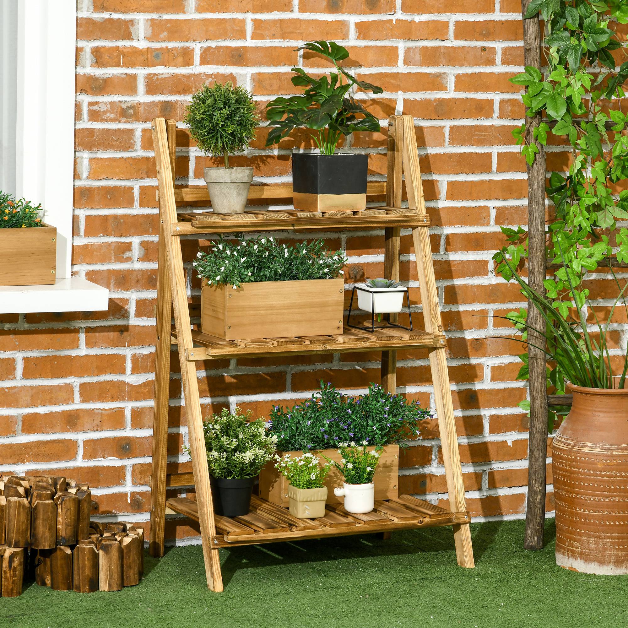 Outdoor Plant Stand, Foldable Flower Stand 3-Tier Wooden Plant Shelf for Garden Indoor Outdoor, 24" x 14" x 37" - Image 6
