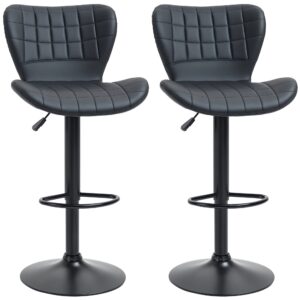 Bar Stools Set of 2, Adjustable Height Swivel Bar Chairs, PU Leather Upholstered Kitchen Counter Stools with Wide Seat, Back and Footrest, Black