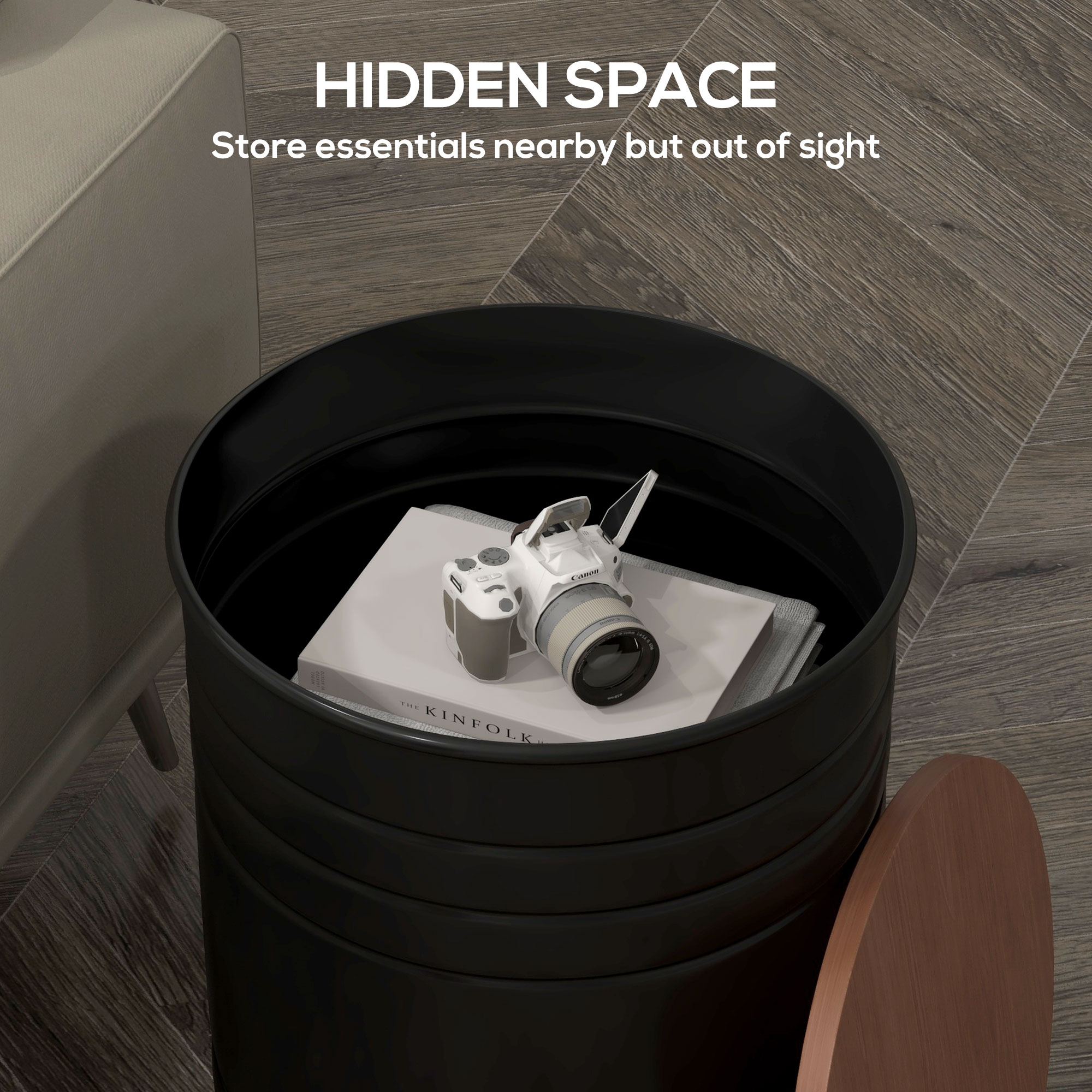 Round Side Table Set of 2, Nesting Coffee Tables w/ Wooden Lid, Metal Frame and Hidden Storage Space for Bedroom, Black - Image 3