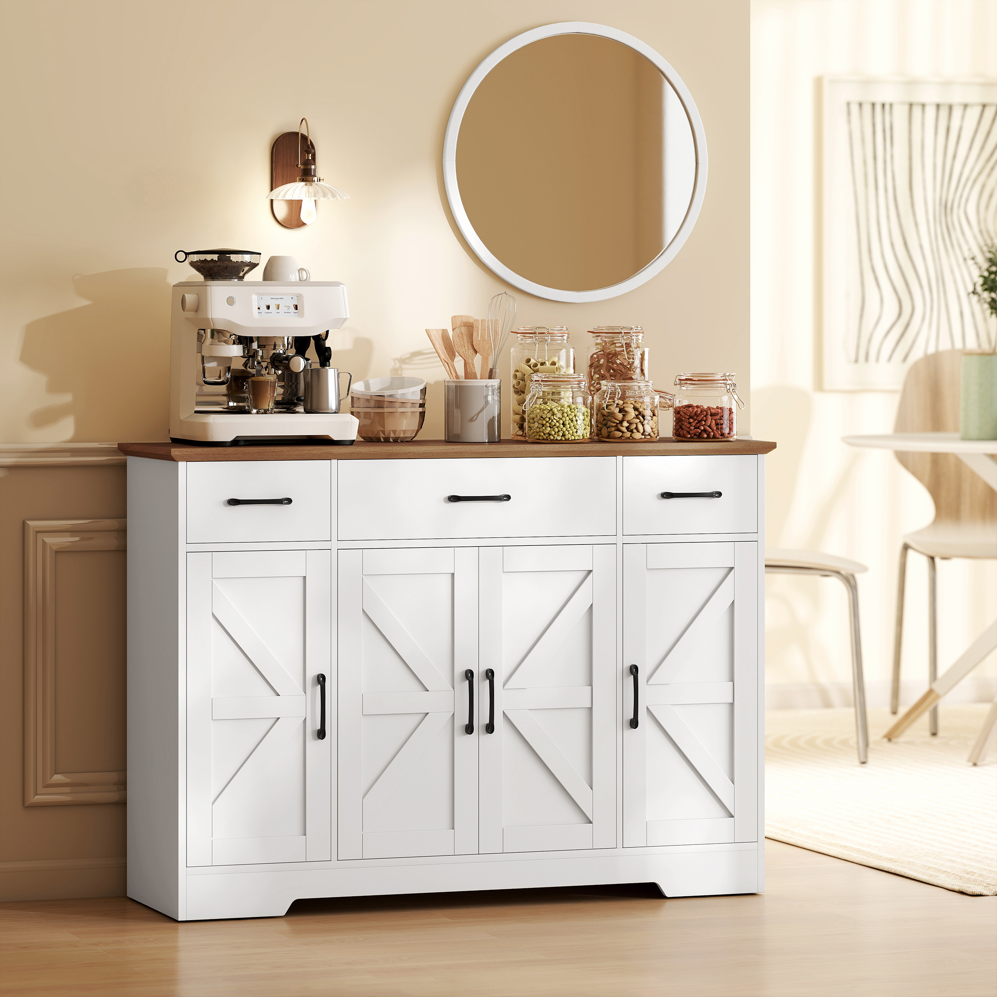 47" Buffet Cabinet with Soft-Close Hinges, Farmhouse Sideboard with 3 Drawers, Adjustable Shelves and Spice Racks, White - Image 6