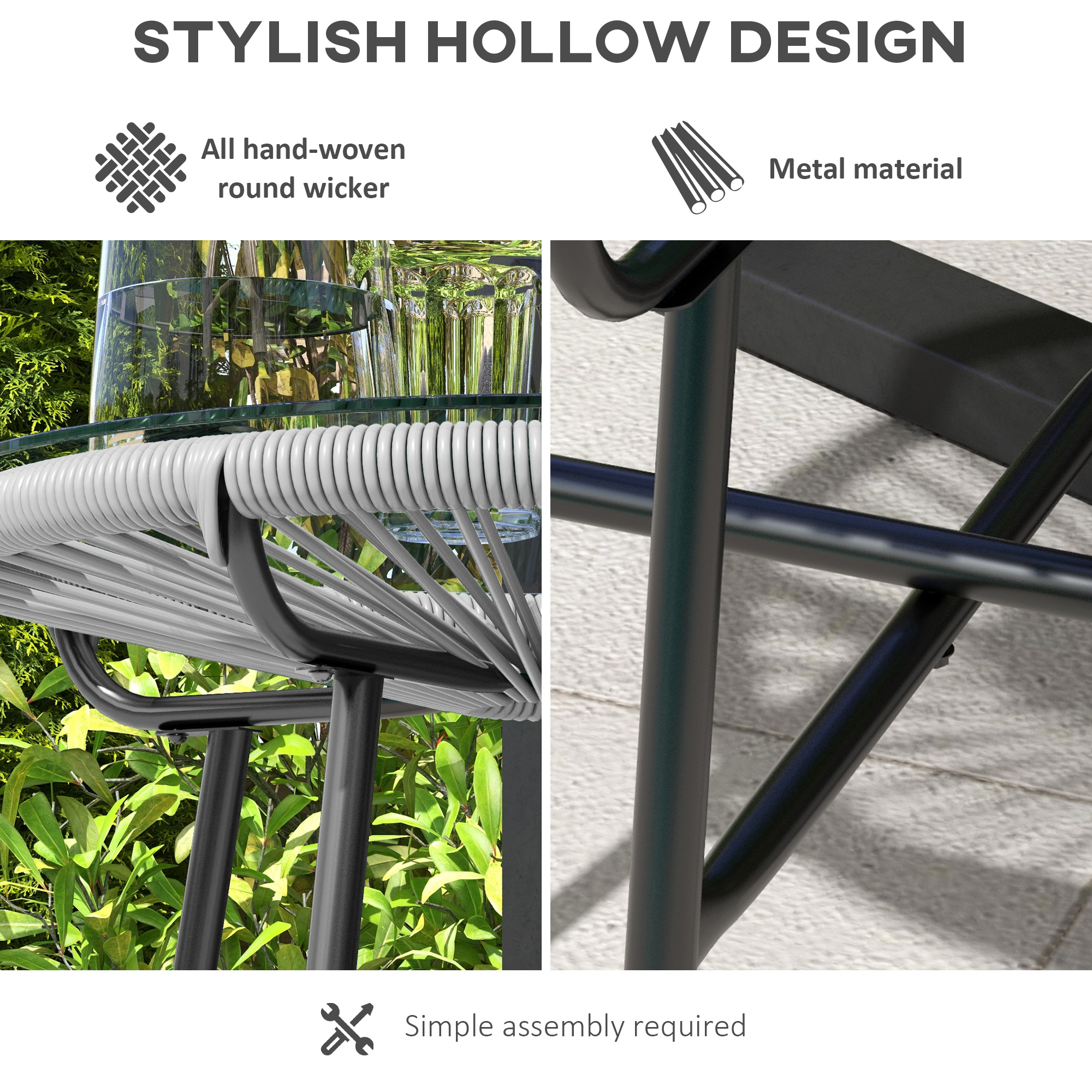 Rattan Side Table, Round Outdoor Table, with Round PE Rattan and Tempered Glass Table Top for Patio, Garden, Grey - Image 3