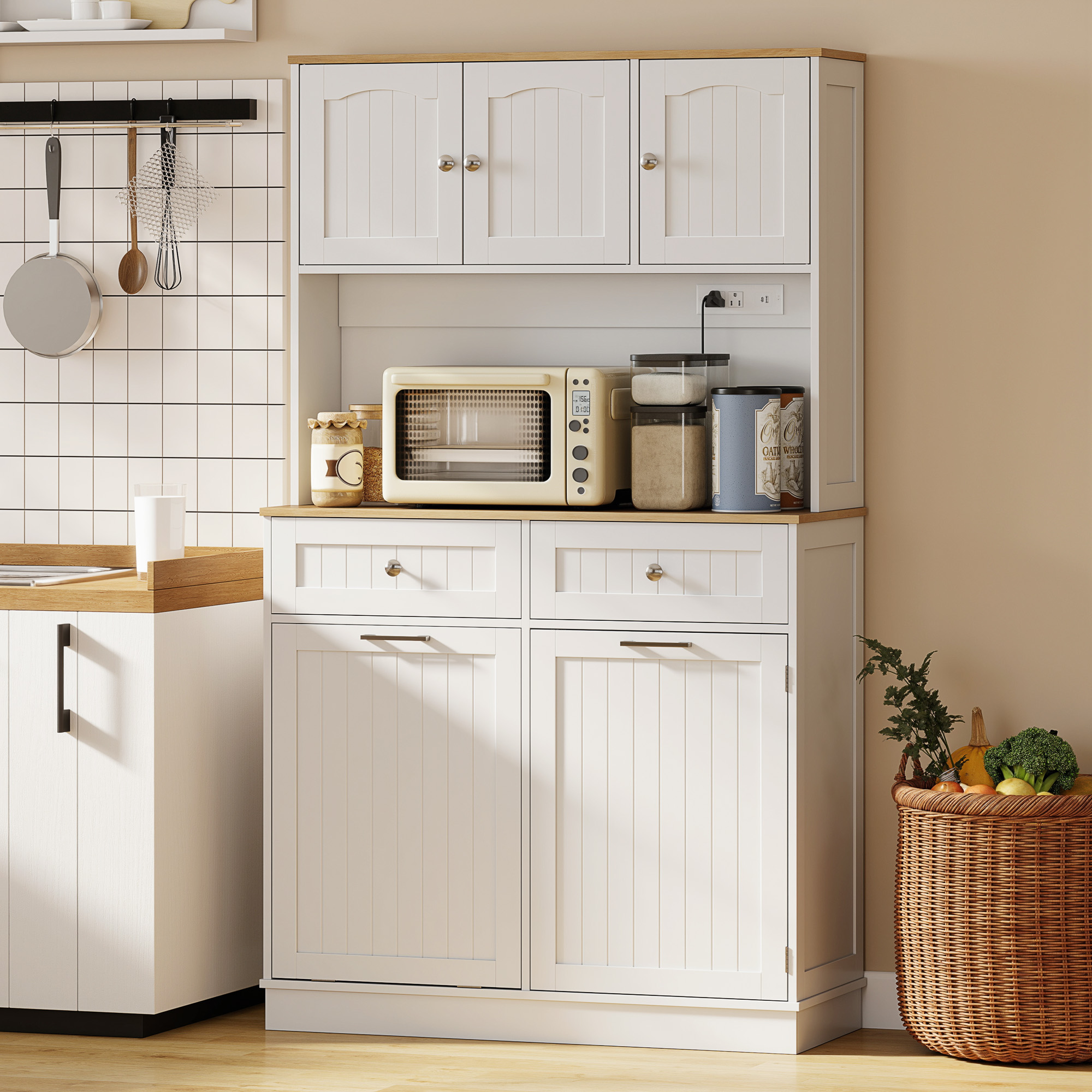 68" Pantry Cabinet with Charging Station, Storage Cabinet with Microwave Stand, 10 Gallon Trash Can Cabinet, White - Image 6