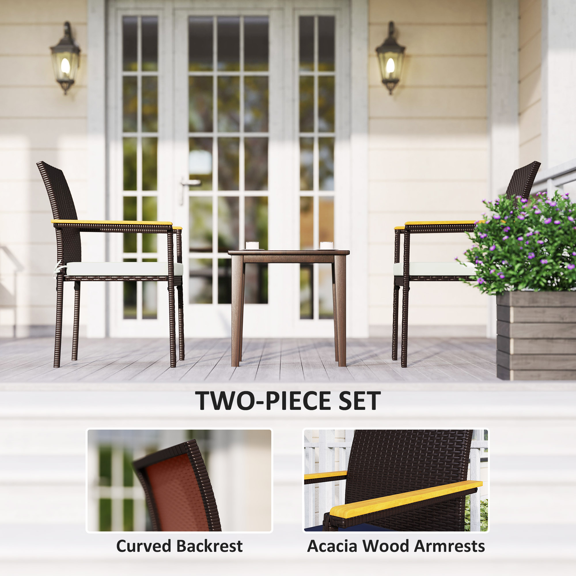 Stackable Wicker Patio Chairs Set of 2 with Removable Cushion, Armrest for Garden, Porch, Yard, Cream White - Image 2