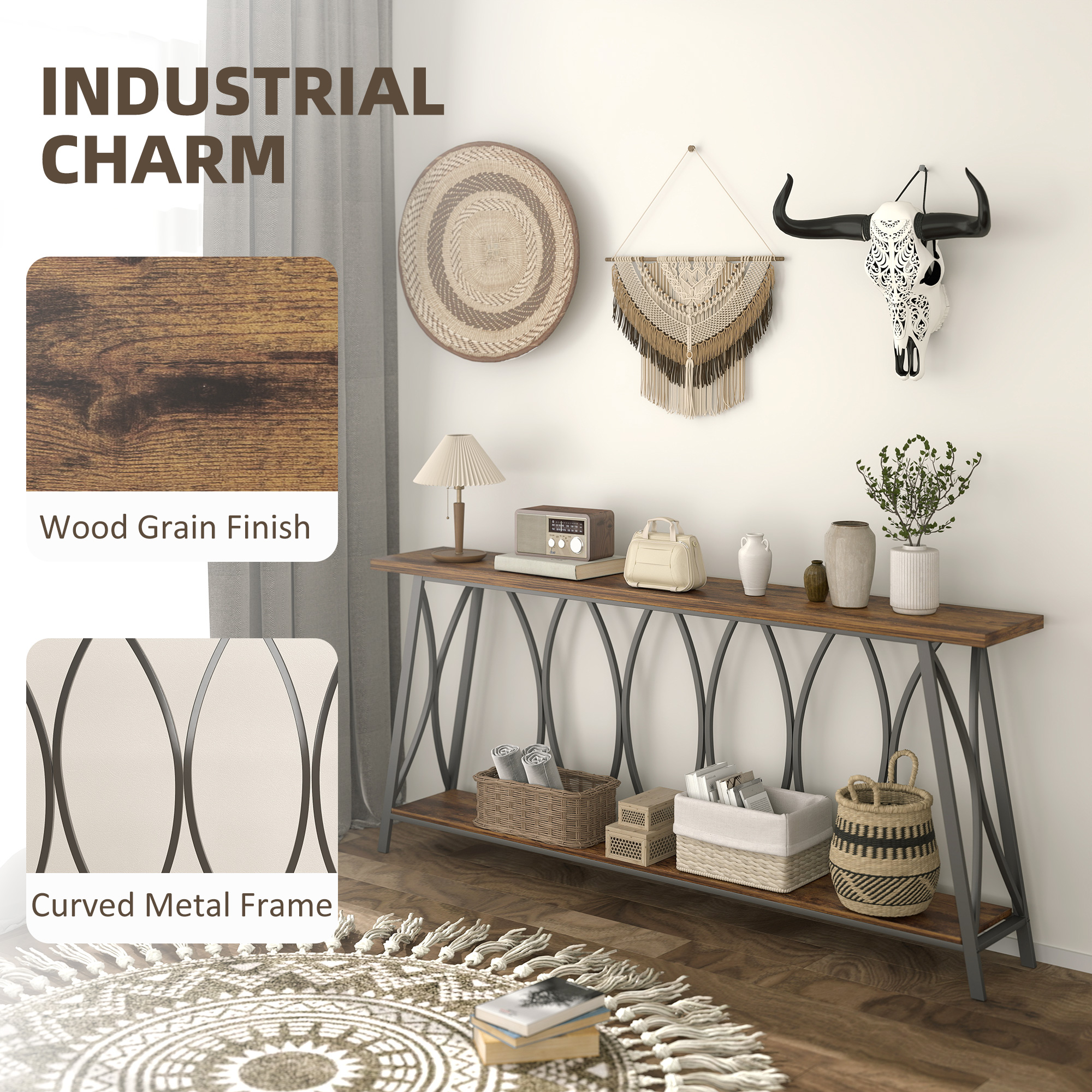 71" Console Table, Industrial 2-Tier Narrow Entryway Table with Metal Frame for Living Room, Hallway, Rustic Brown - Image 3