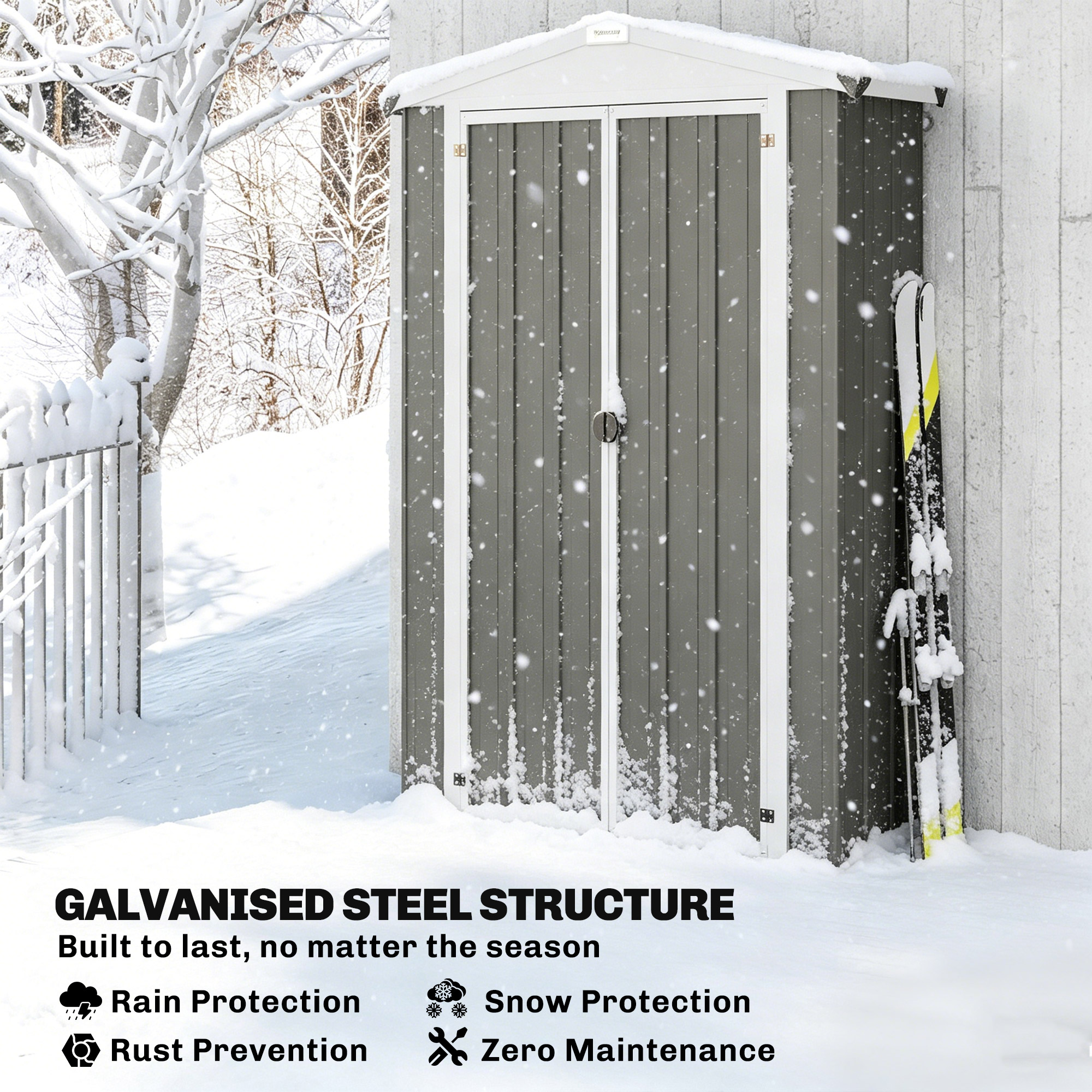 Outdoor Storage Shed Apex Roof Metal Garden Shed with Shelf for Backyard, Light Grey - Image 4