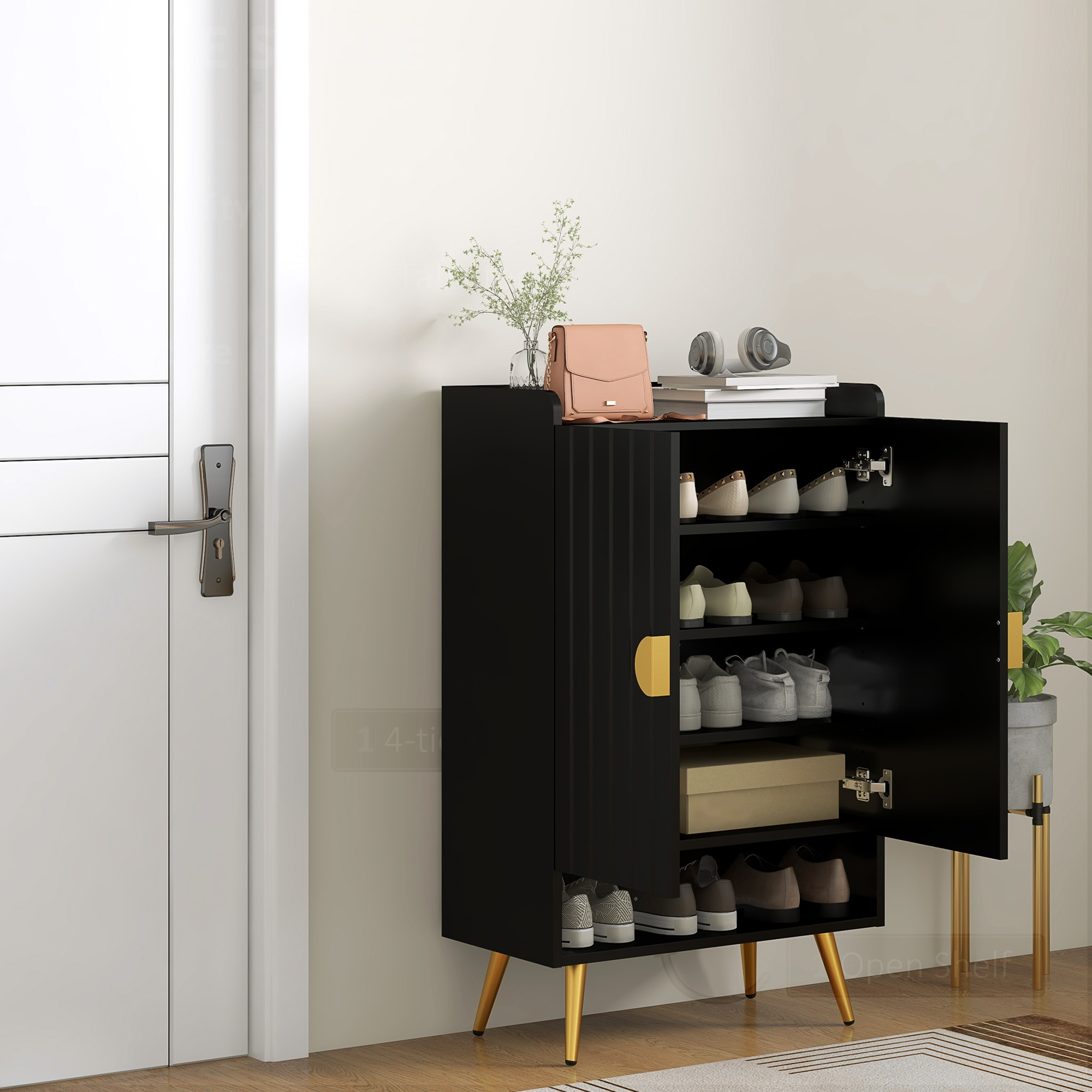 Entryway Shoe Storage Cabinet, Narrow Shoe Cabinet with Adjustable Shelves and Open Shelf for 15 Pairs of Shoes, Black - Image 6
