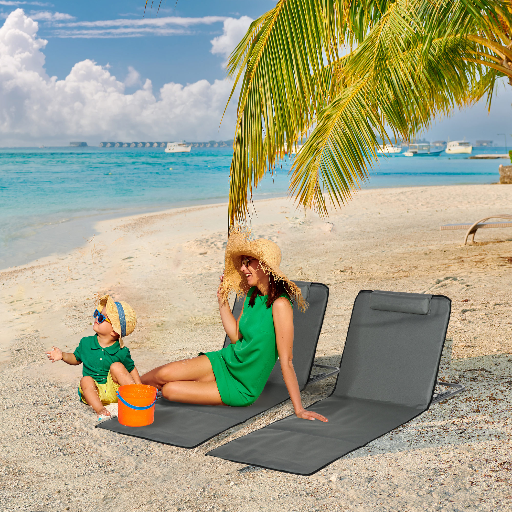 Set of 2 Sun Lounger Beach Mat Folding Lounge Chair Mat with Adjustable Back Steel Frame Head Pillow Carry Bag Grey - Image 6