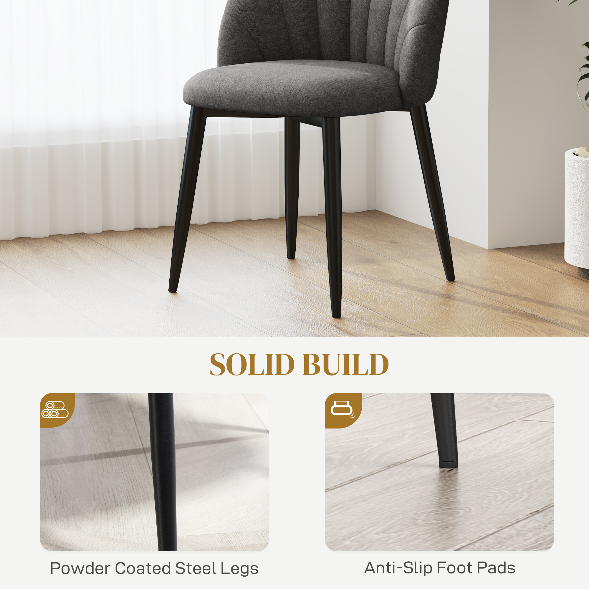 Modern Dining Chairs Set of 4, Upholstered Dining Room Chairs with Metal Legs, Shell Backrest, Padded Seat, Dark Grey - Image 4