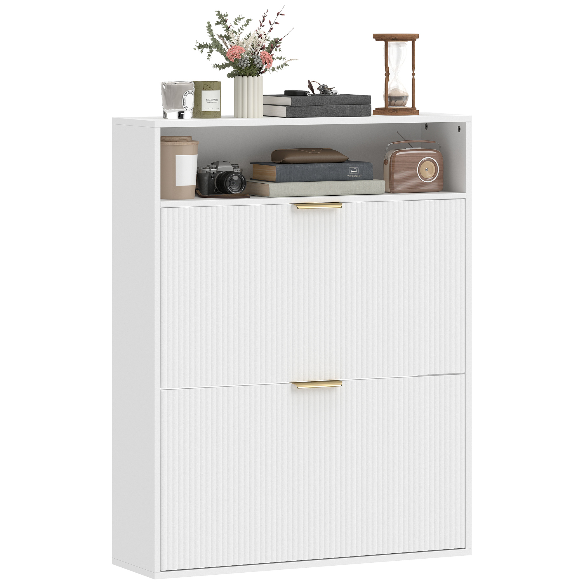 Shoe Cabinet with 2 Flip Drawers Narrow Shoe Storage Cabinet with Top Shelf for Entryway Hallway White