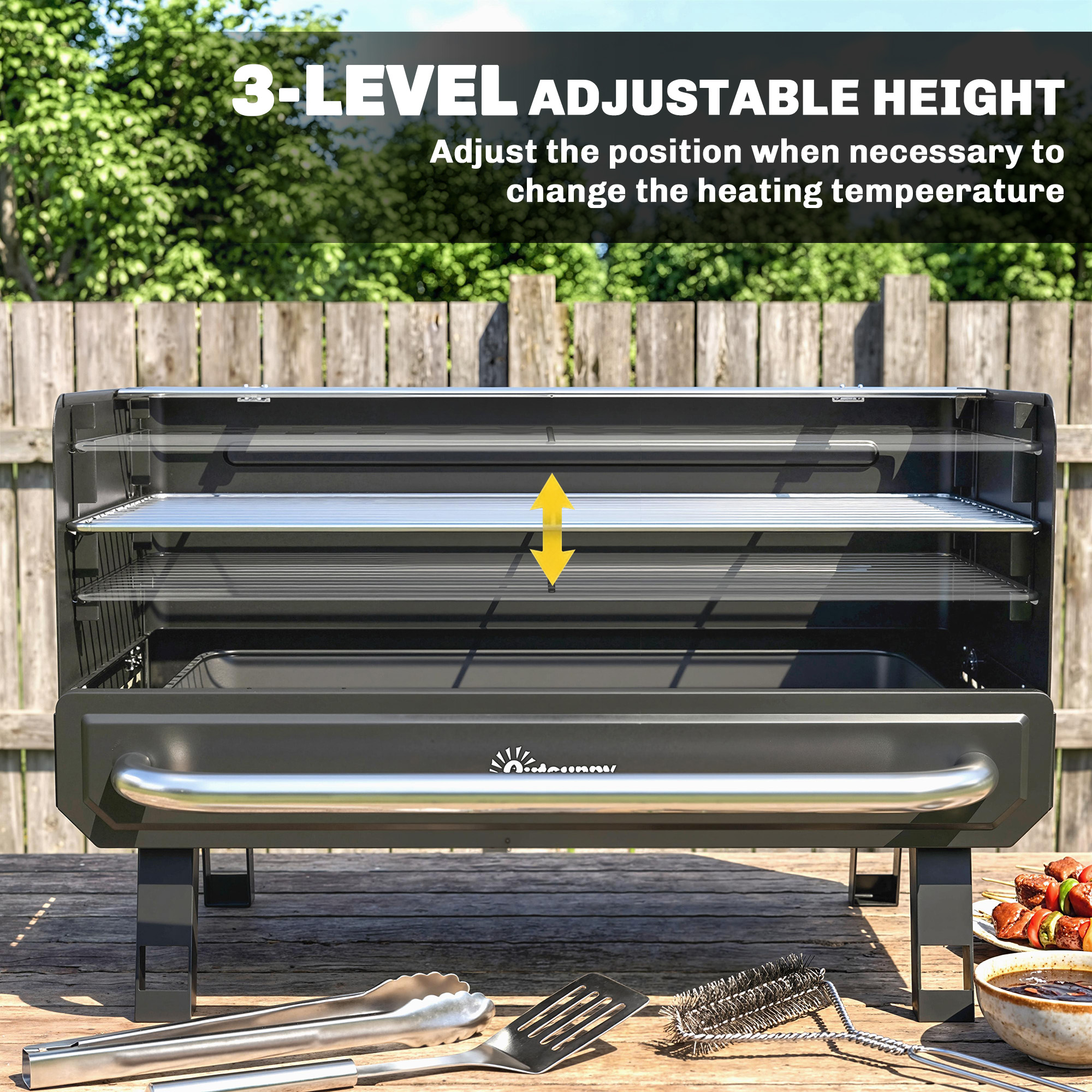 Charcoal BBQ Grill, Portable Barbecue Grill with Adjustable Grates, Foldable Legs, Side Shelf for Camping Travel, Black - Image 3
