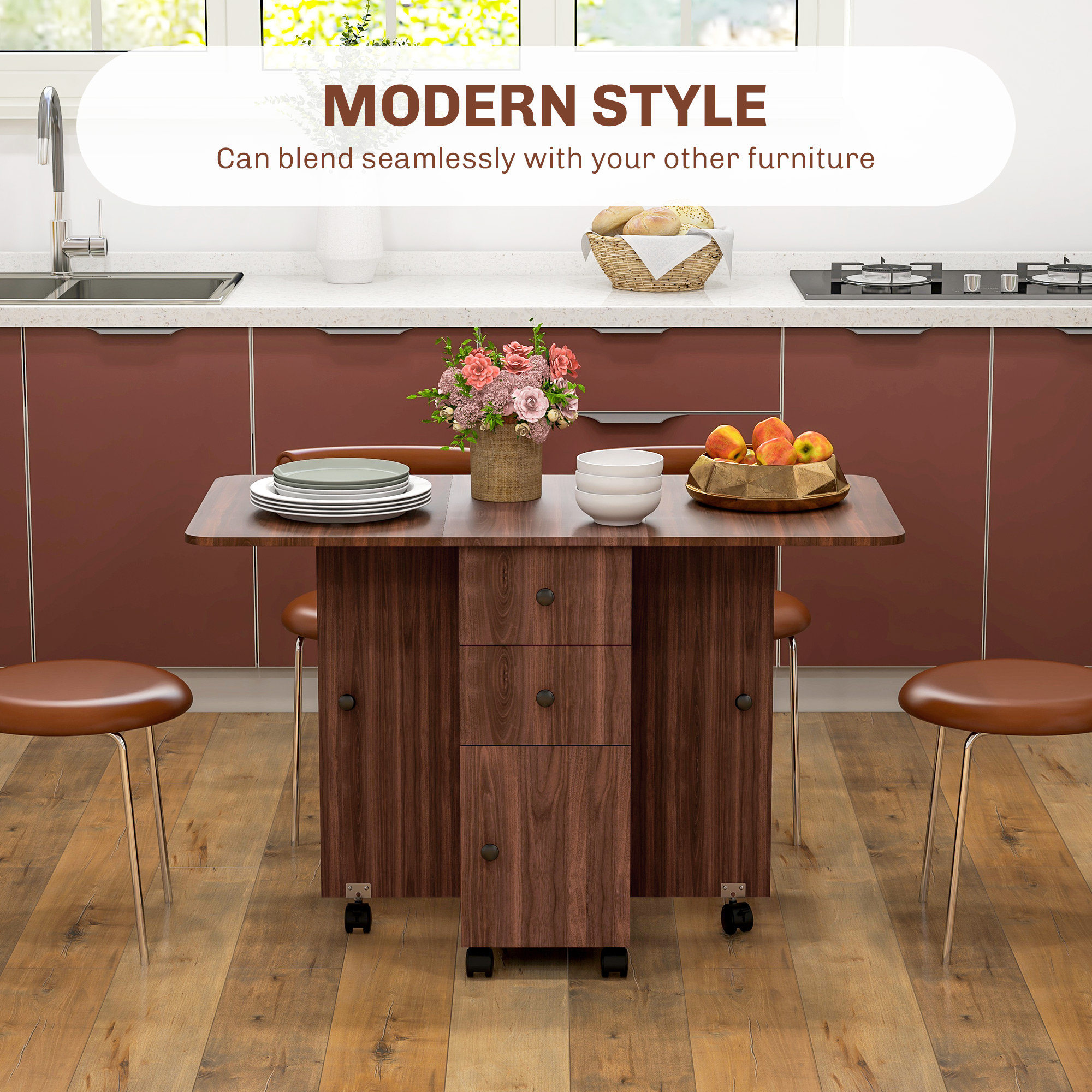 Drop Leaf Dining Table, Mobile Folding Table on Wheels with Drawers and Cabinet for Dining Room, Kitchen, Brown - Image 2