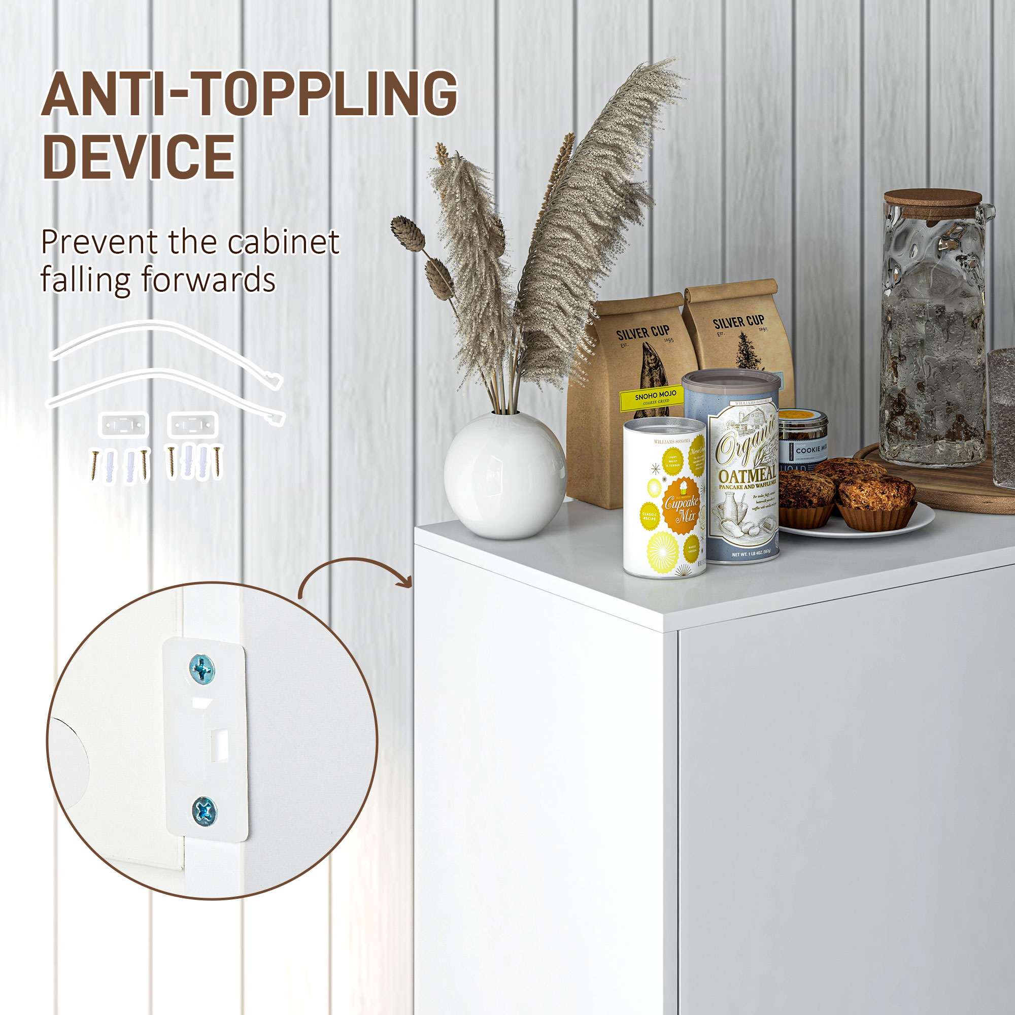 Kitchen Sideboard Storage Cabinet, Modern Coffee Bar with Push-Open Design and 2 Drawers for Living Room, White - Image 5