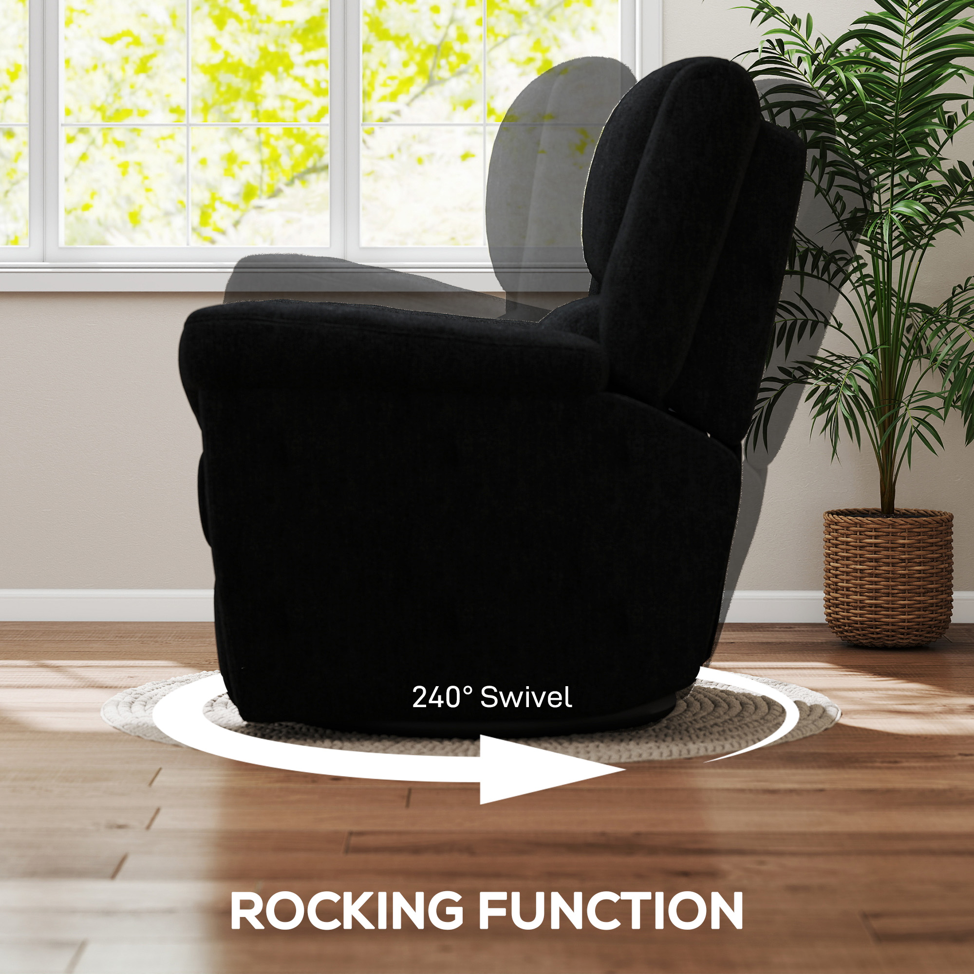 Power Recliner Chair, Fabric Upholstered Recliner Chair with USB Ports, Swivel and Rocking Function, Footrest, Black - Image 4