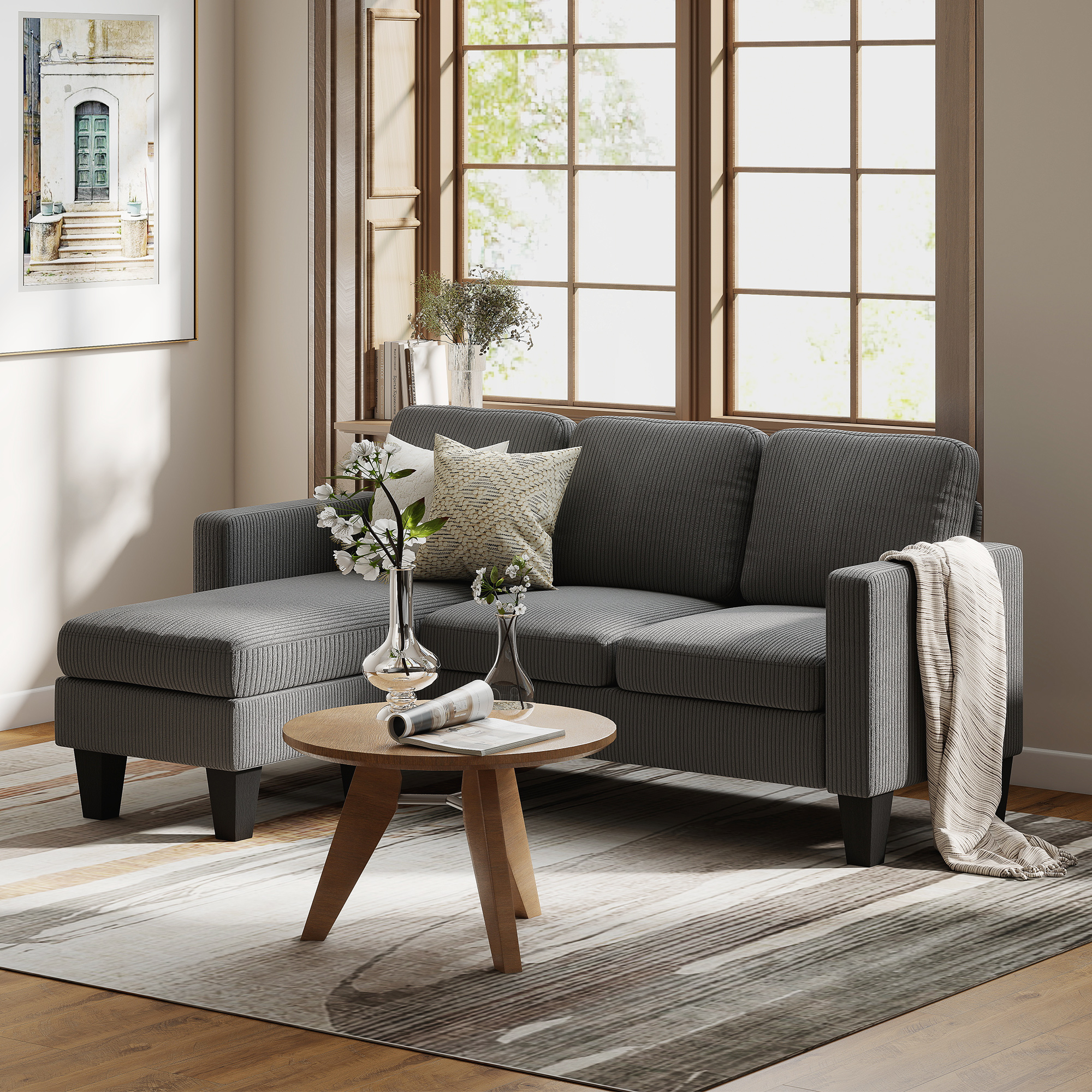 Sectional Sofa, L Shaped Couch, with Changeable Chaise or Ottoman, Dark Grey - Image 6