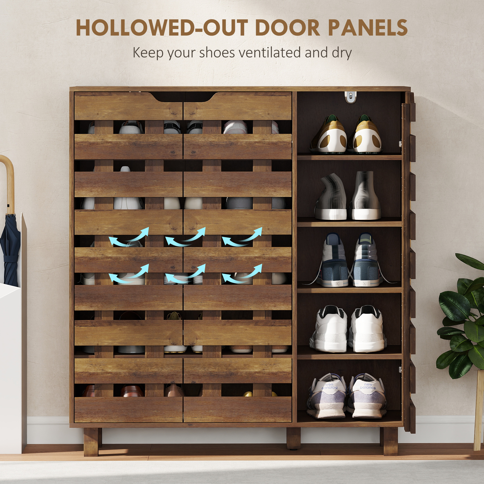 Shoe Cabinet, 20 Pair Shoe Storage Cabinet with Hollowed-Out Doors, Distressed Brown - Image 4