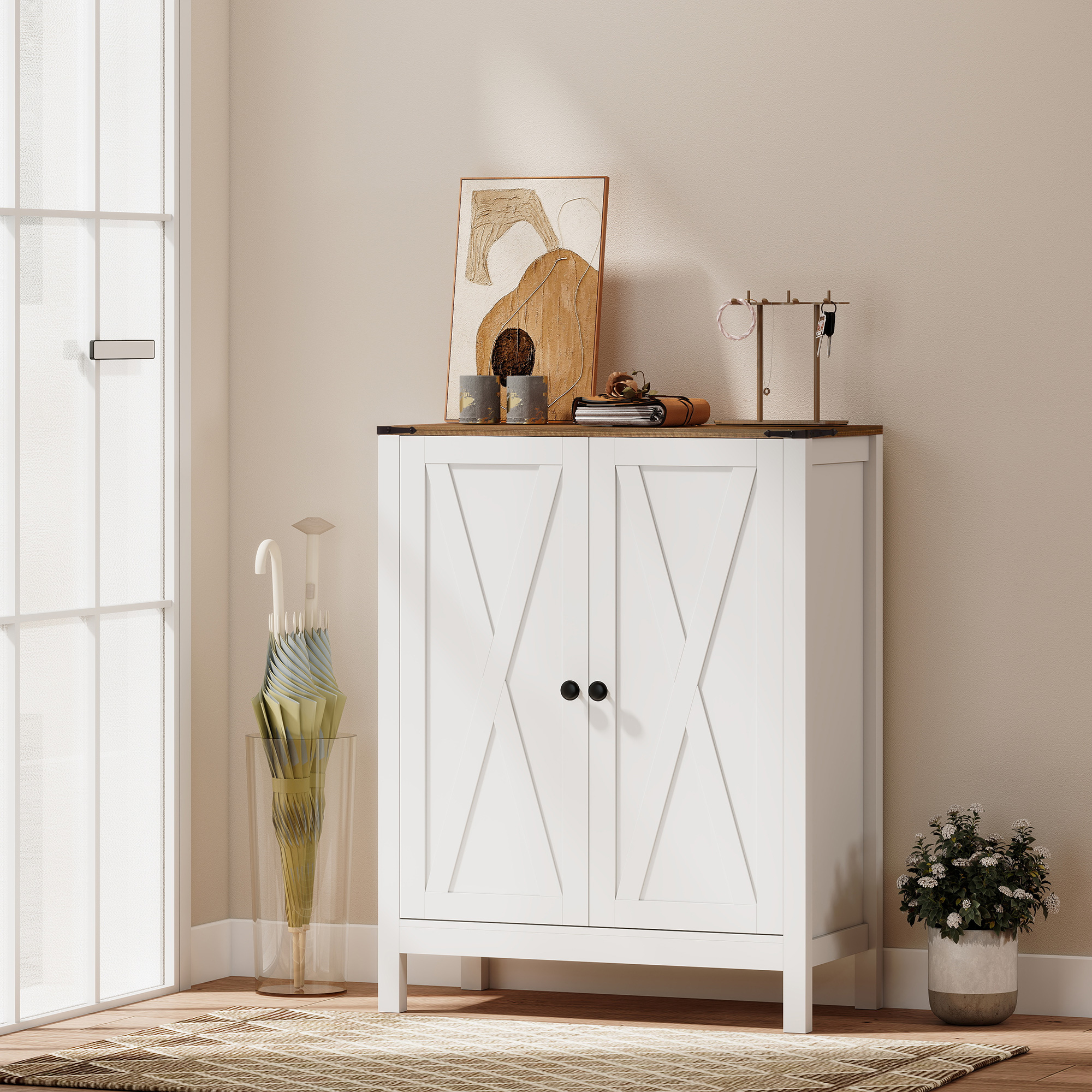Shoe Cabinet with Barn Doors, Farmhouse Shoe Storage Cabinet with Adjustable Shelves, Holds up to 15 Pairs, White - Image 6