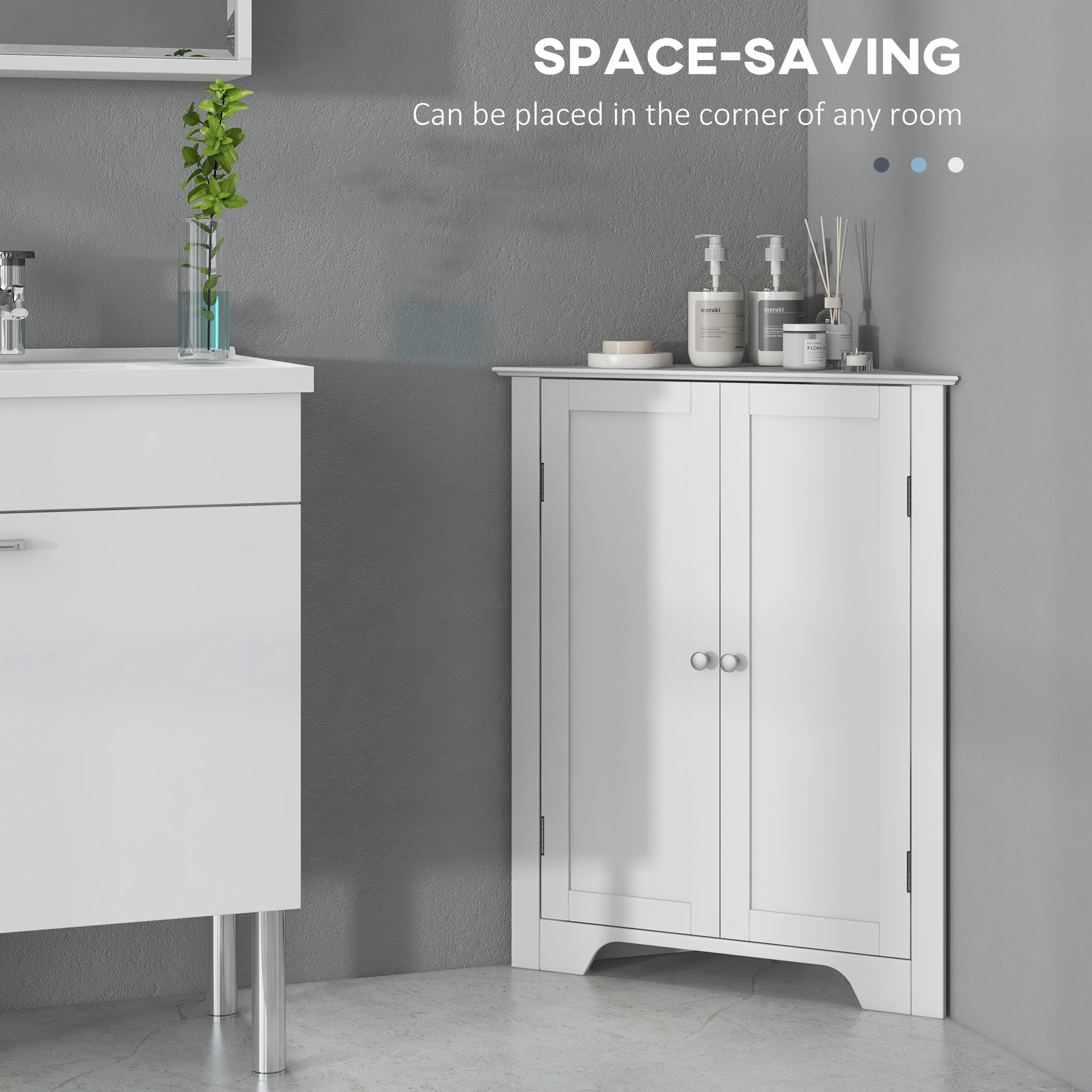 Modern Bathroom Storage Cabinet, Corner Cabinet with Doors, Bathroom Cabinet with Adjustable Shelf and Recessed Door, White - Image 2