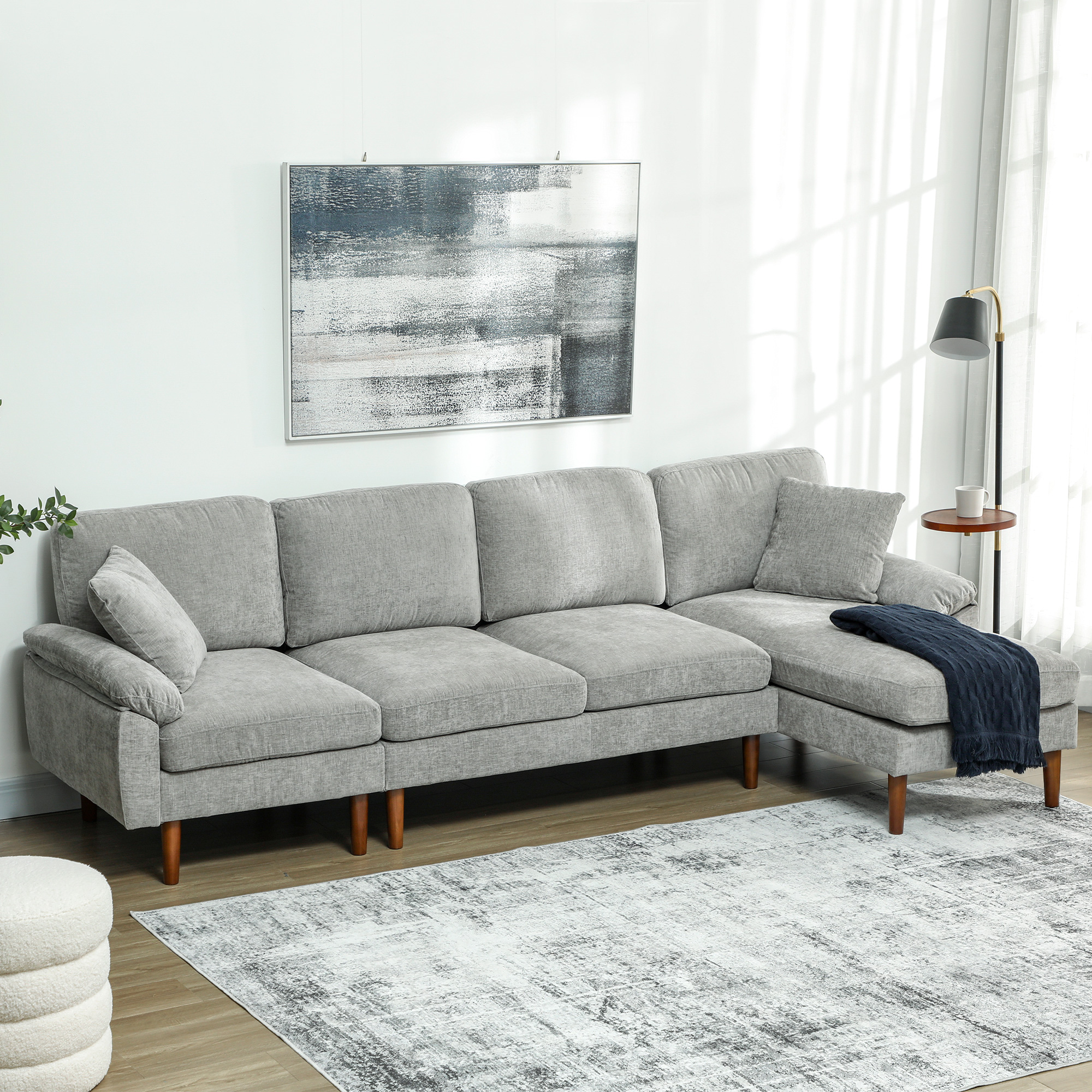 L-Shape Sofa, Modern Sectional Couch with Changeable Chaise Lounge, Pillows and Wooden Legs for Living Room, Grey - Image 6