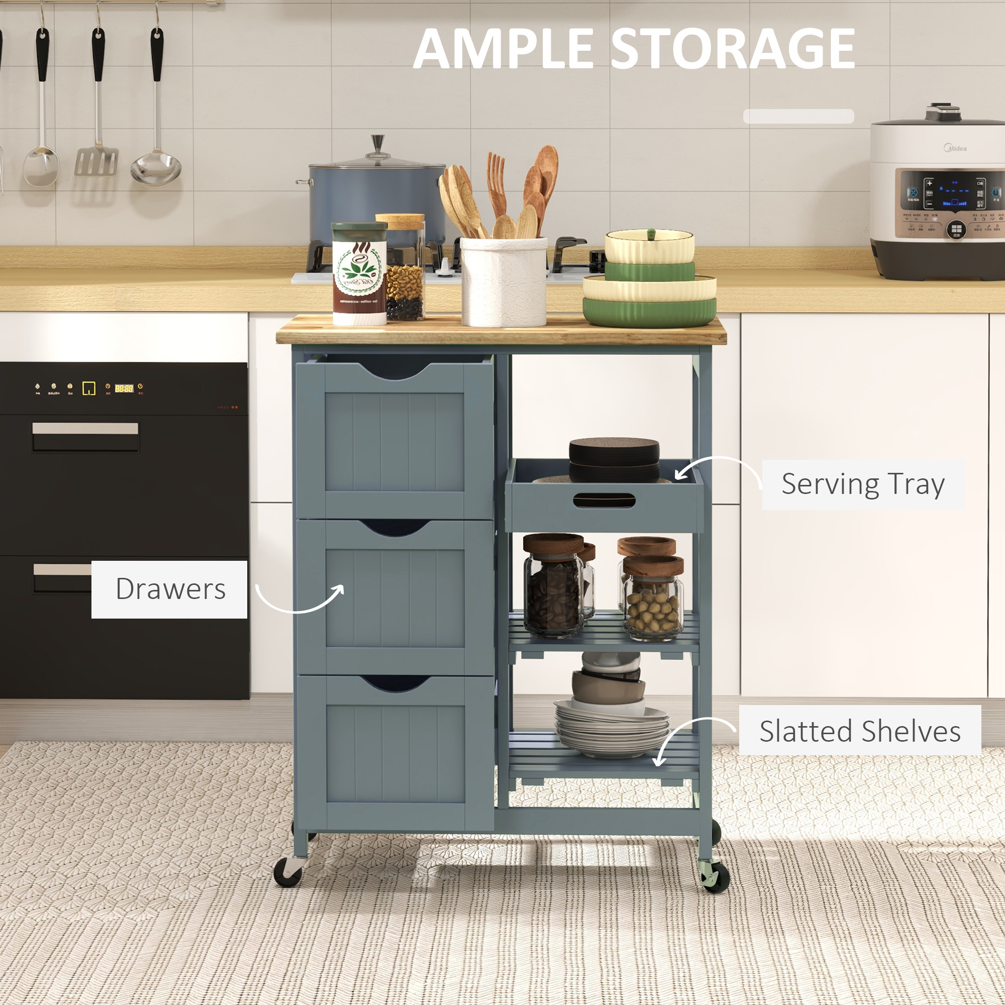 Kitchen Cart on Wheels, Rolling Kitchen Island Cart with Wood Top, 3 Drawers and Shelves for Home Dining Area - Image 2