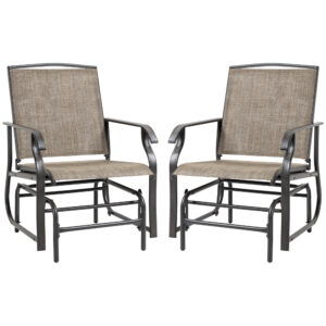 2 Pieces Outdoor Glider Chairs, 2 Person Glider Rocking Chair Set with Breathable Mesh Fabric, Steel Frame, Dark Brown