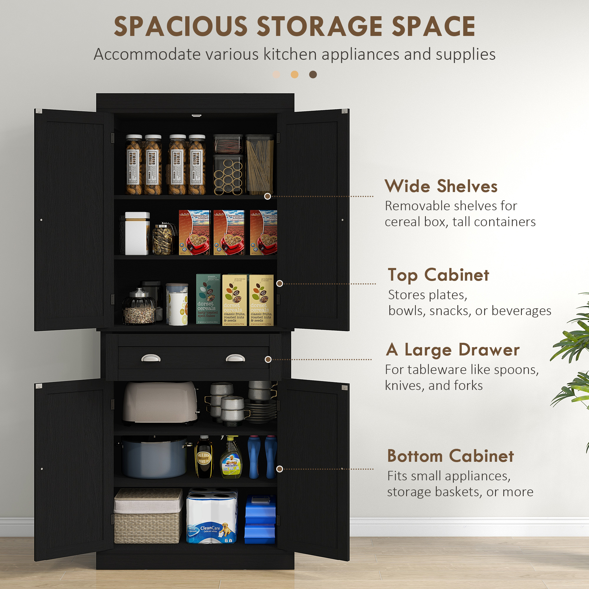 72" Tall Pantry Cabinet, Kitchen Storage Cabinet with 4 Doors, Drawer and 2 Adjustable Shelves, Black Wood Grain - Image 2