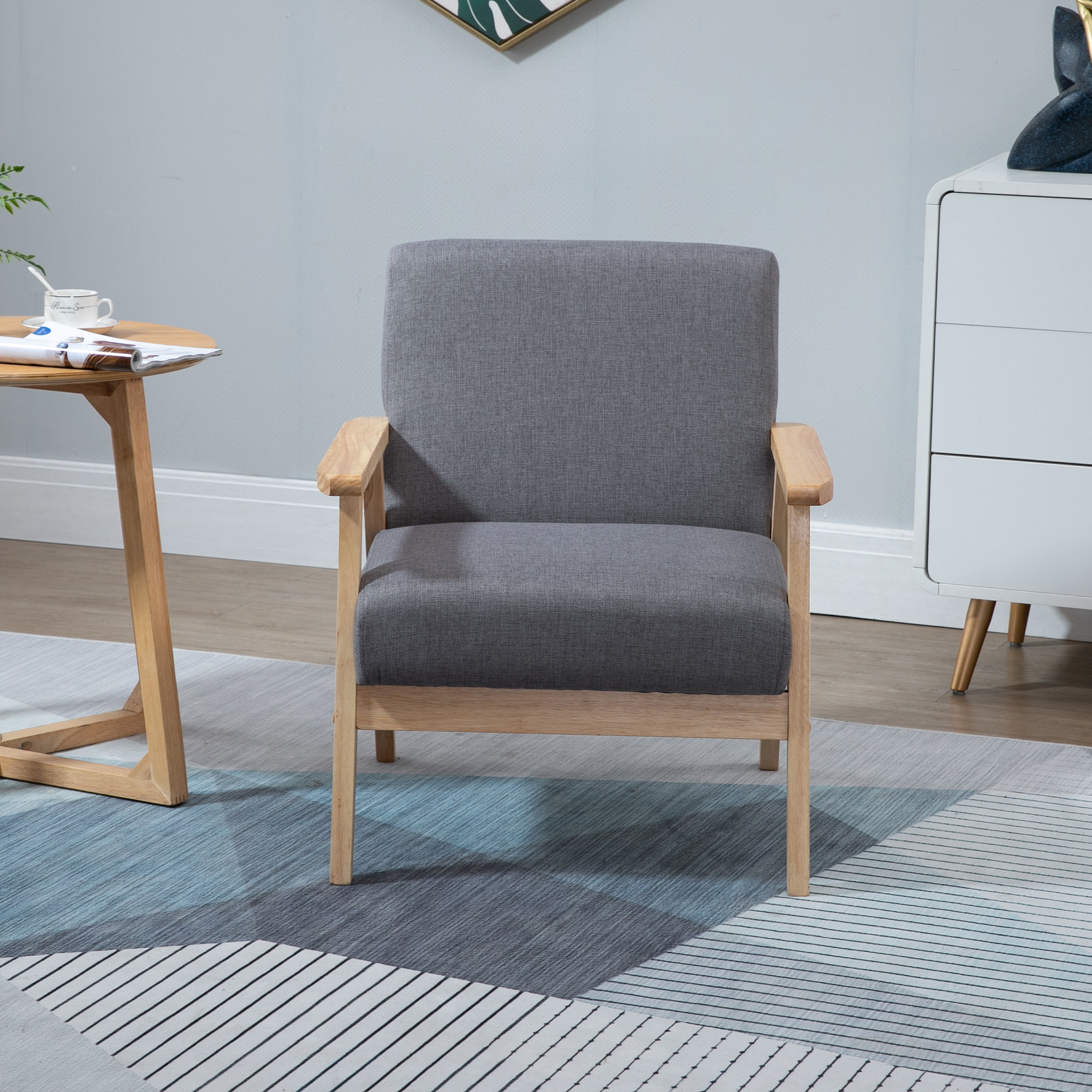Minimalistic Accent Chairs Wood Frame w/ Thick Linen Cushions Wide Seat Armchair for Bedroom Office, Grey - Image 5